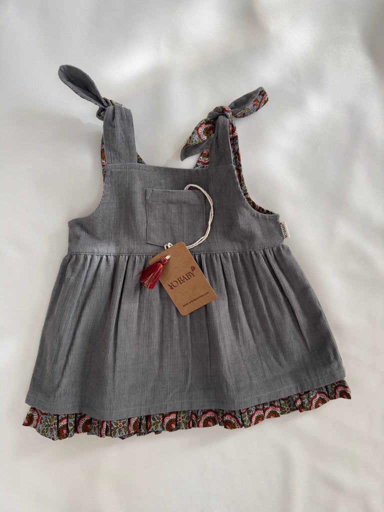 Reversible Grey Corduroy & Grey Floral Printed Ruffle Dress