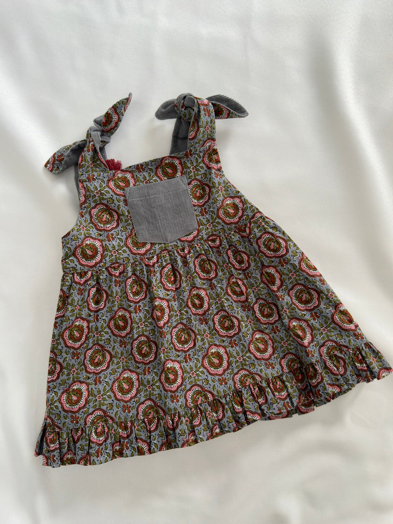 Reversible Grey Corduroy & Grey Floral Printed Ruffle Dress
