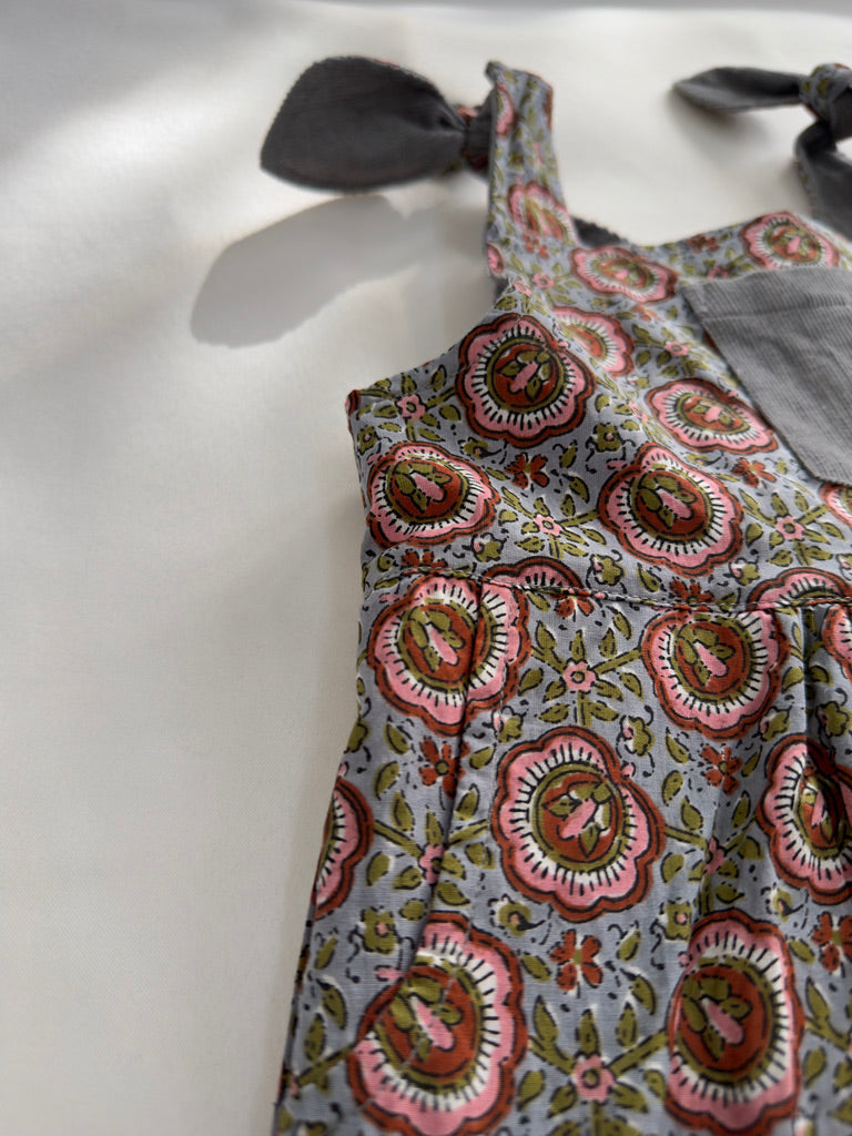 Reversible Grey Corduroy & Grey Floral Printed Ruffle Dress