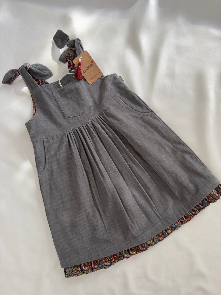 Reversible Grey Corduroy & Grey Floral Printed Ruffle Dress
