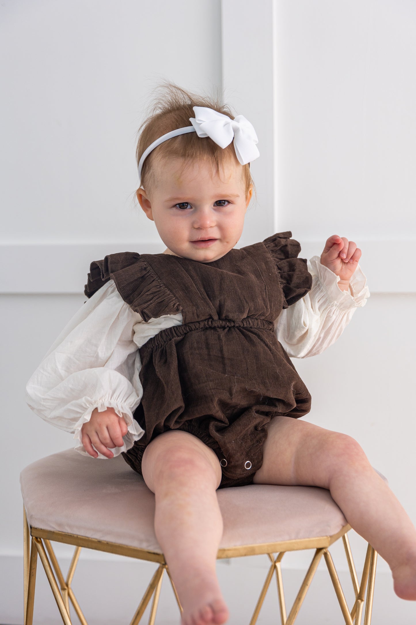 Chocolate Brown Corduroy Ruffled Baby Romper