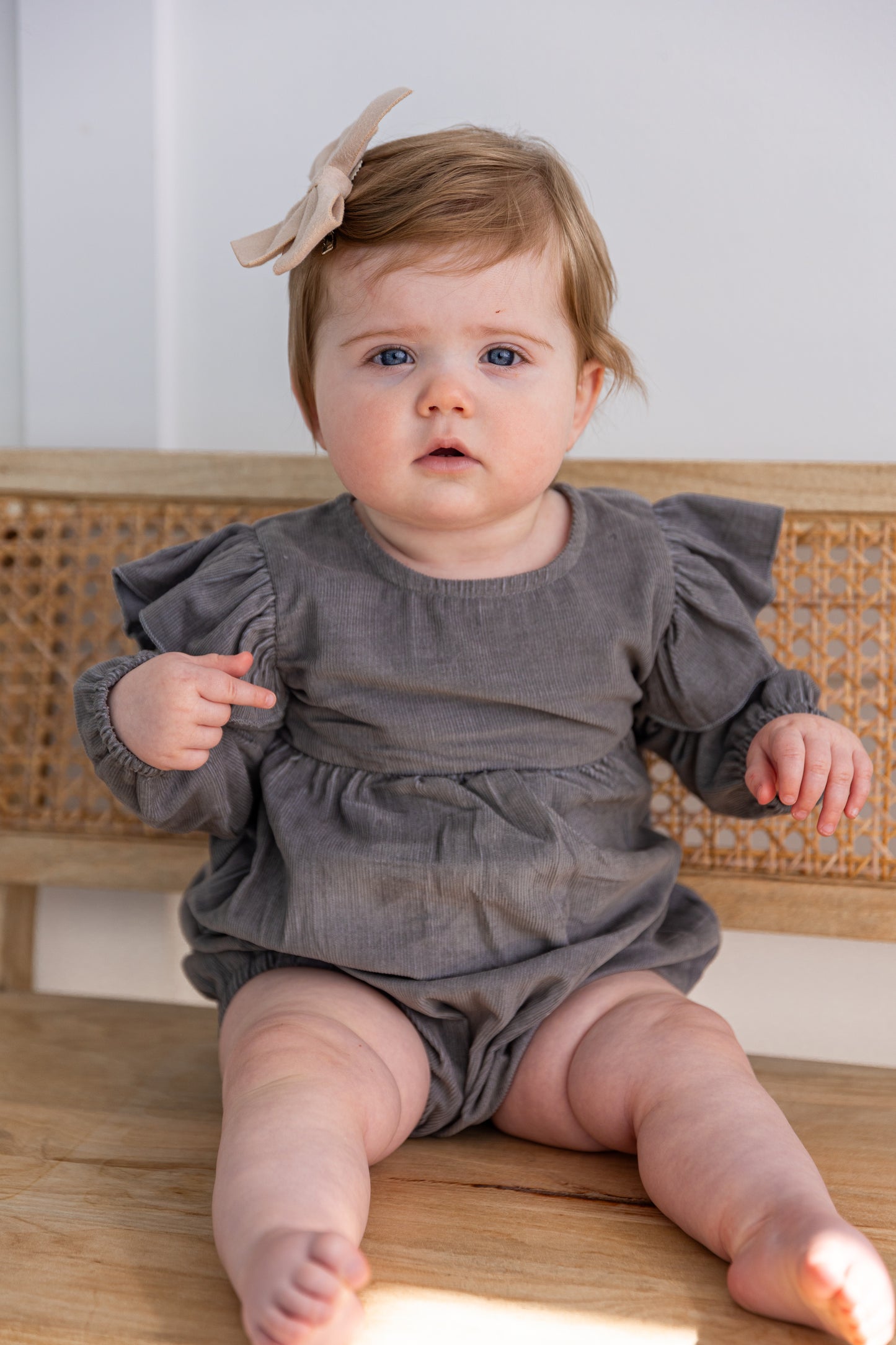 Grey Corduroy Solid Color Sleeve Ruffled Baby Romper