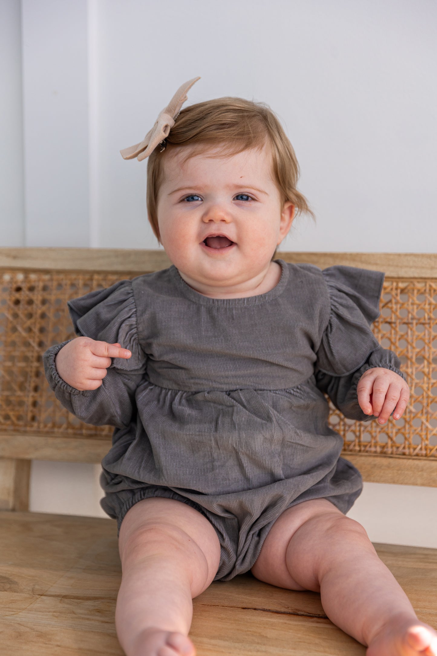 Grey Corduroy Solid Color Sleeve Ruffled Baby Romper