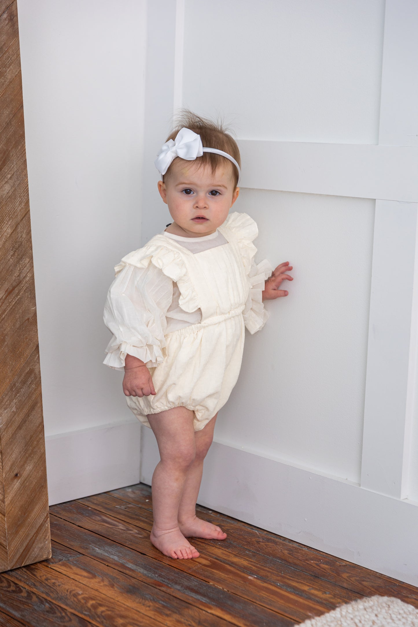 Off-White Corduroy Sleeve Ruffled Baby Romper