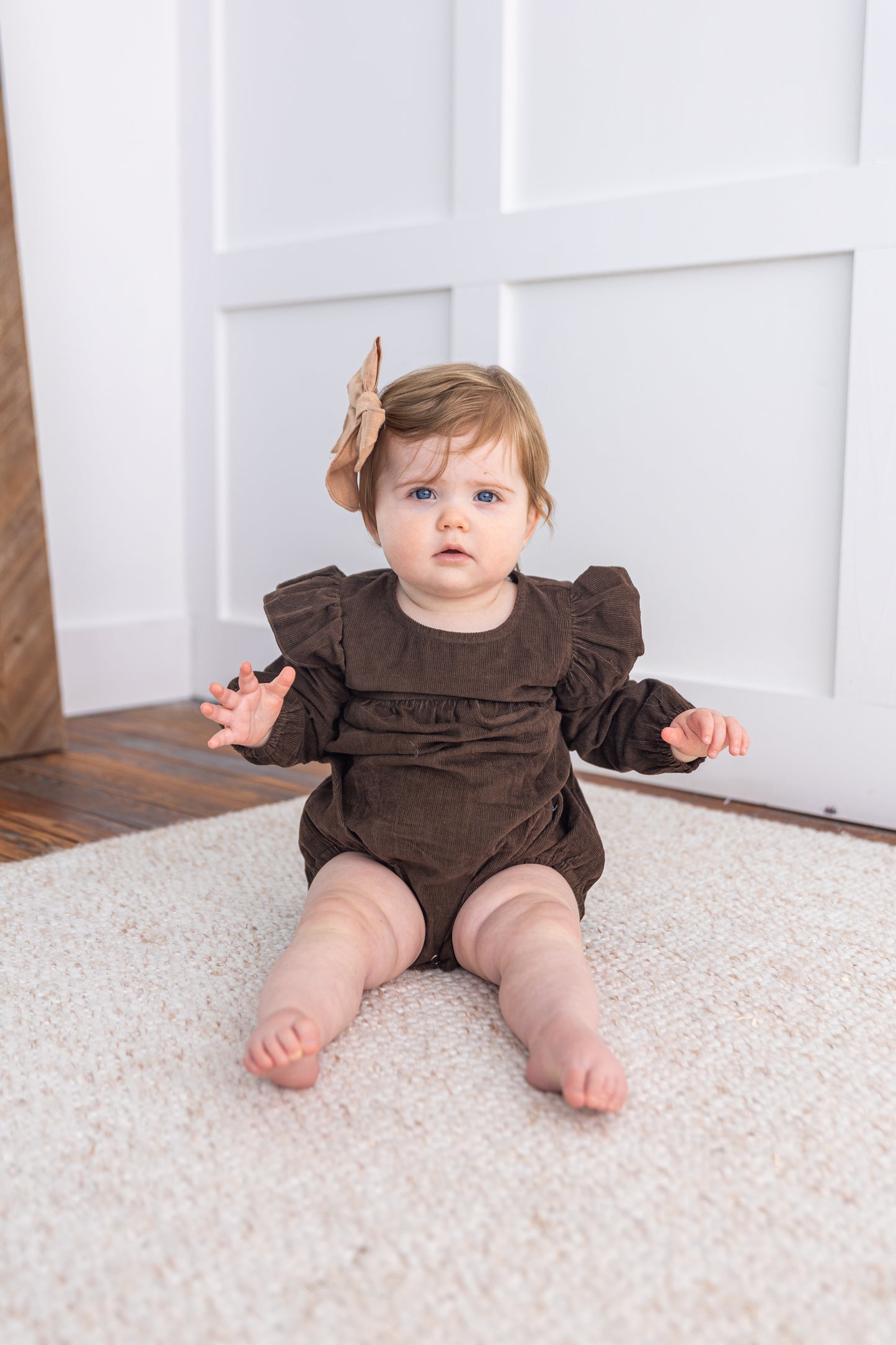 Brown Corduroy Solid Color Sleeve Ruffled Baby Romper