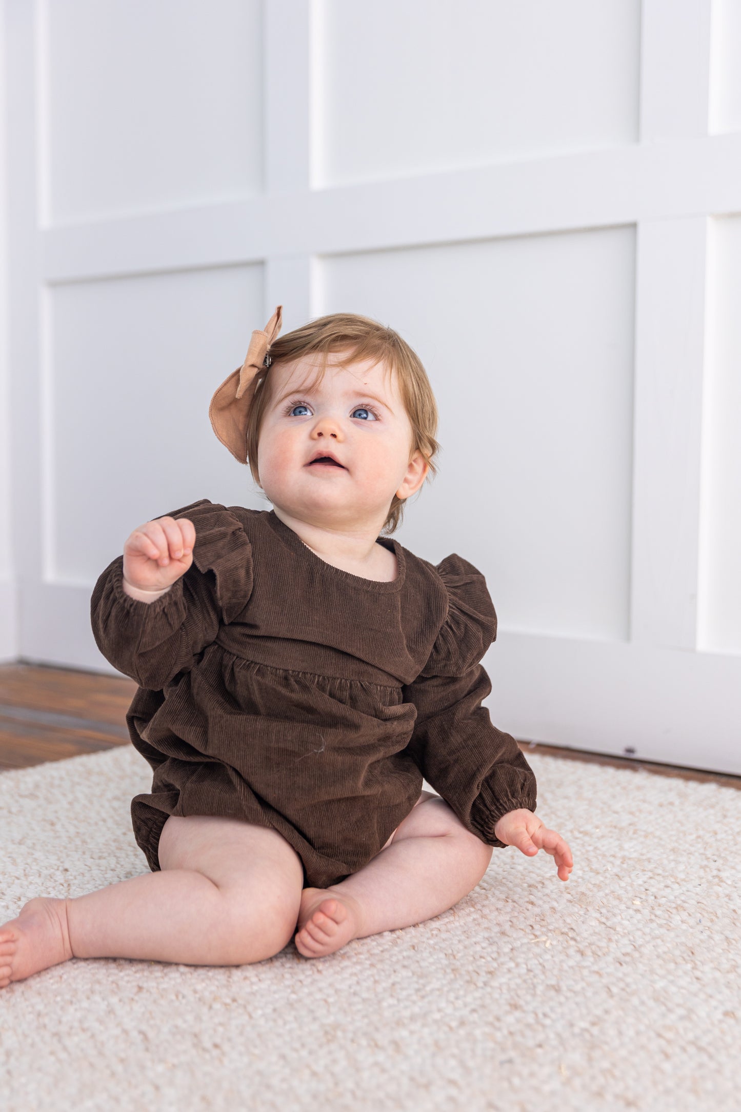 Brown Corduroy Solid Color Sleeve Ruffled Baby Romper