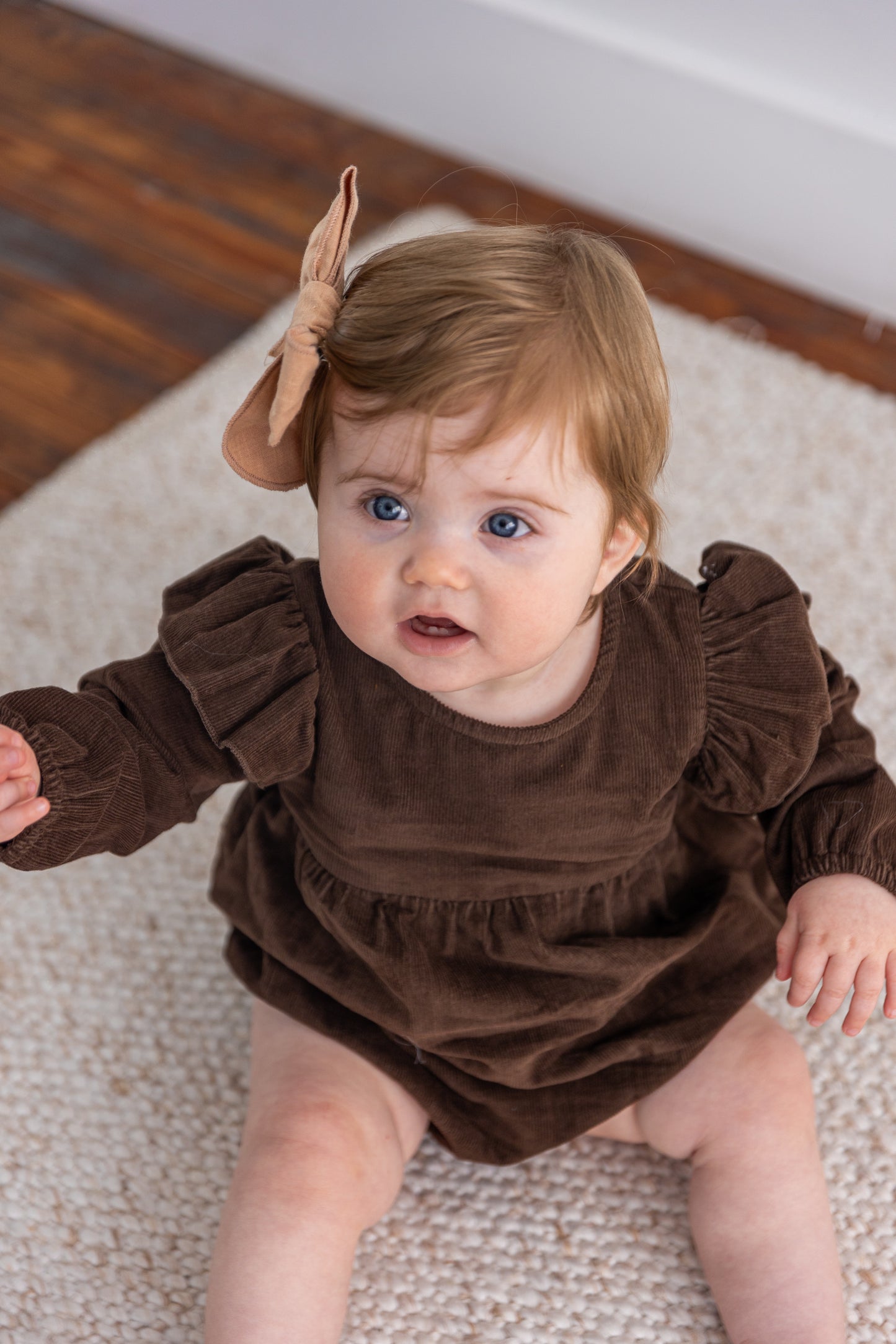 Brown Corduroy Solid Color Sleeve Ruffled Baby Romper