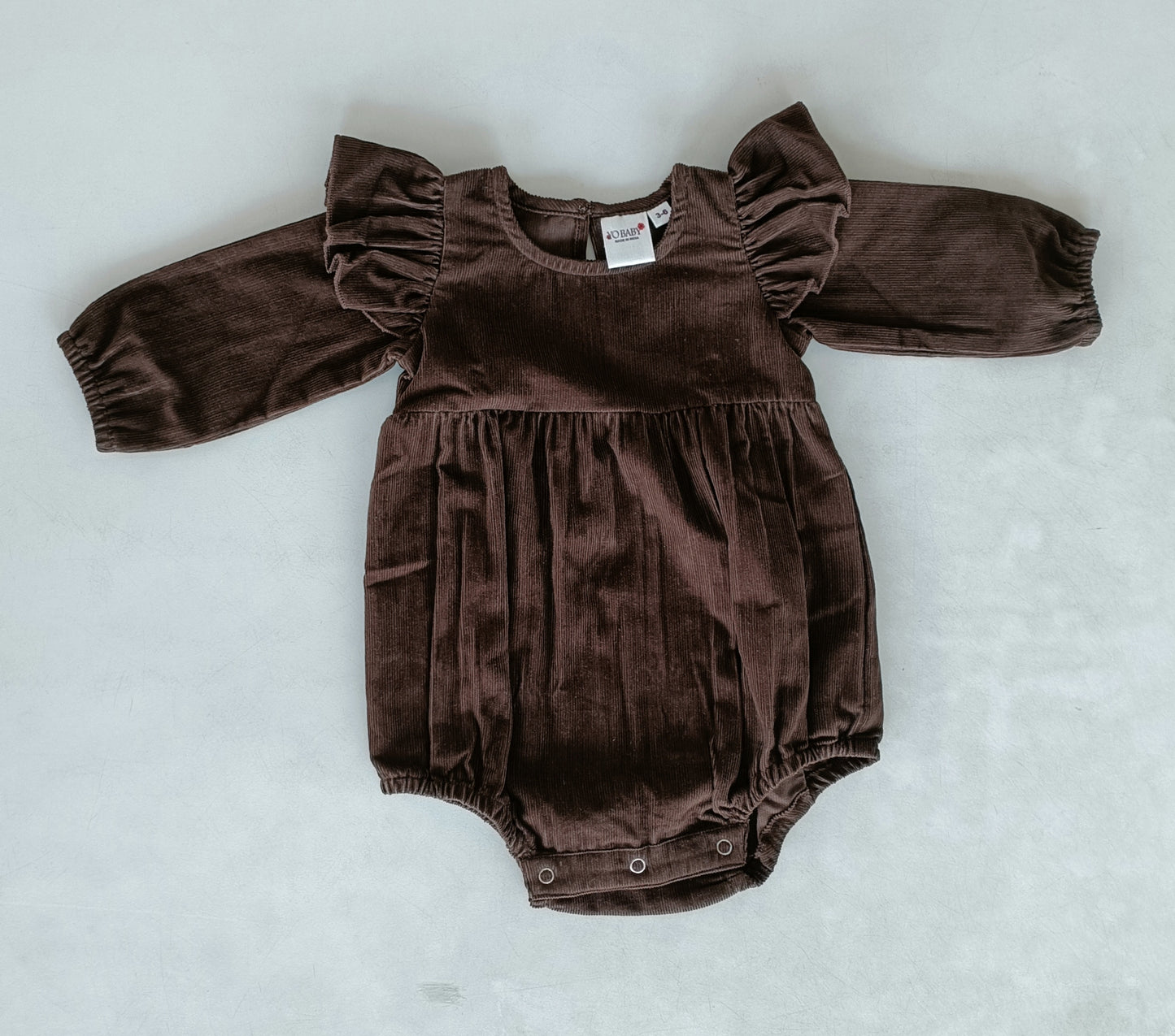 Brown Corduroy Full Sleeves Ruffled Baby Romper