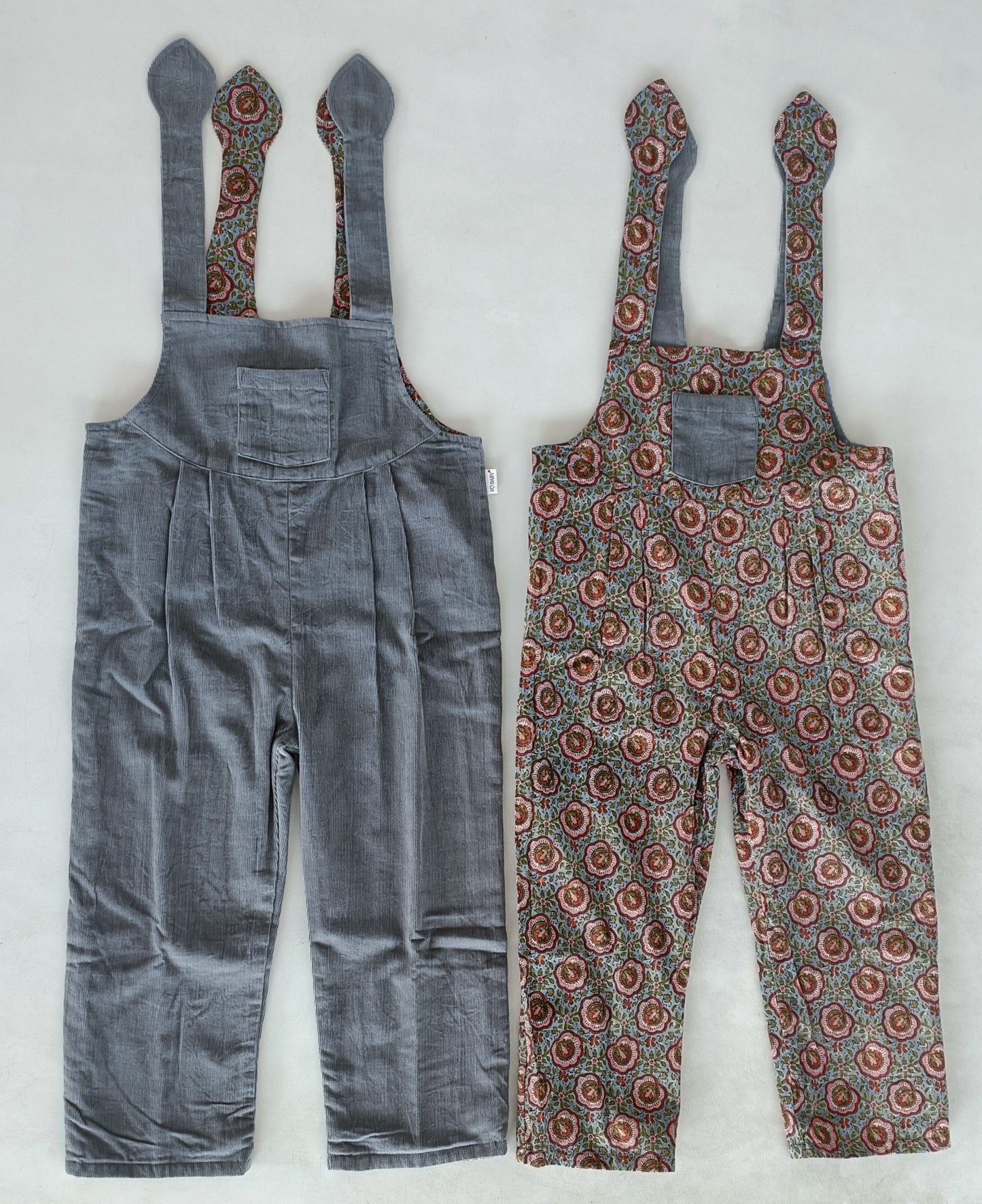 Reversible Grey Corduroy & Grey Floral Printed Jumpsuit