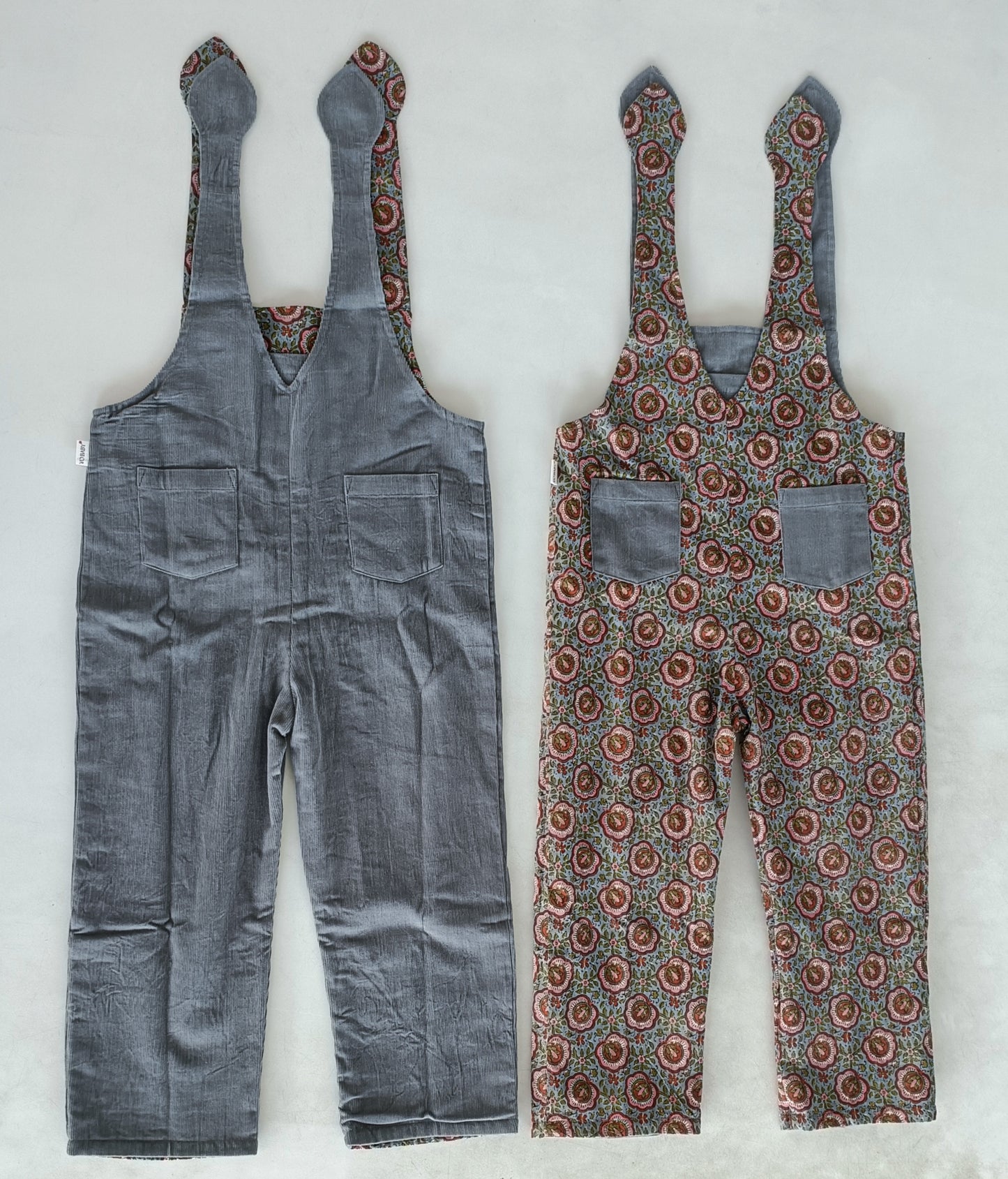 Reversible Grey Corduroy & Grey Floral Printed Jumpsuit