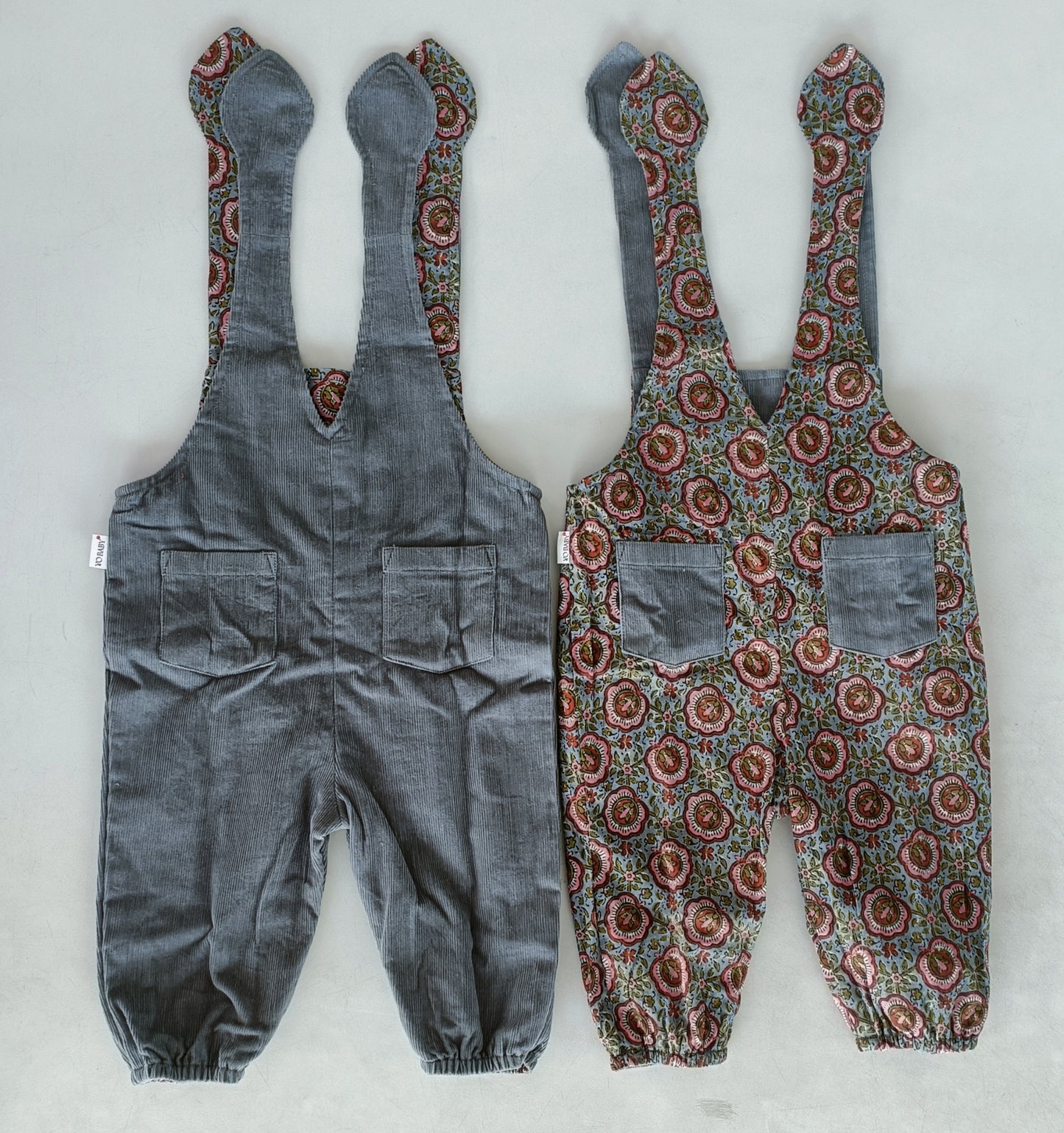 Reversible Grey Corduroy & Grey Floral Printed Jumpsuit