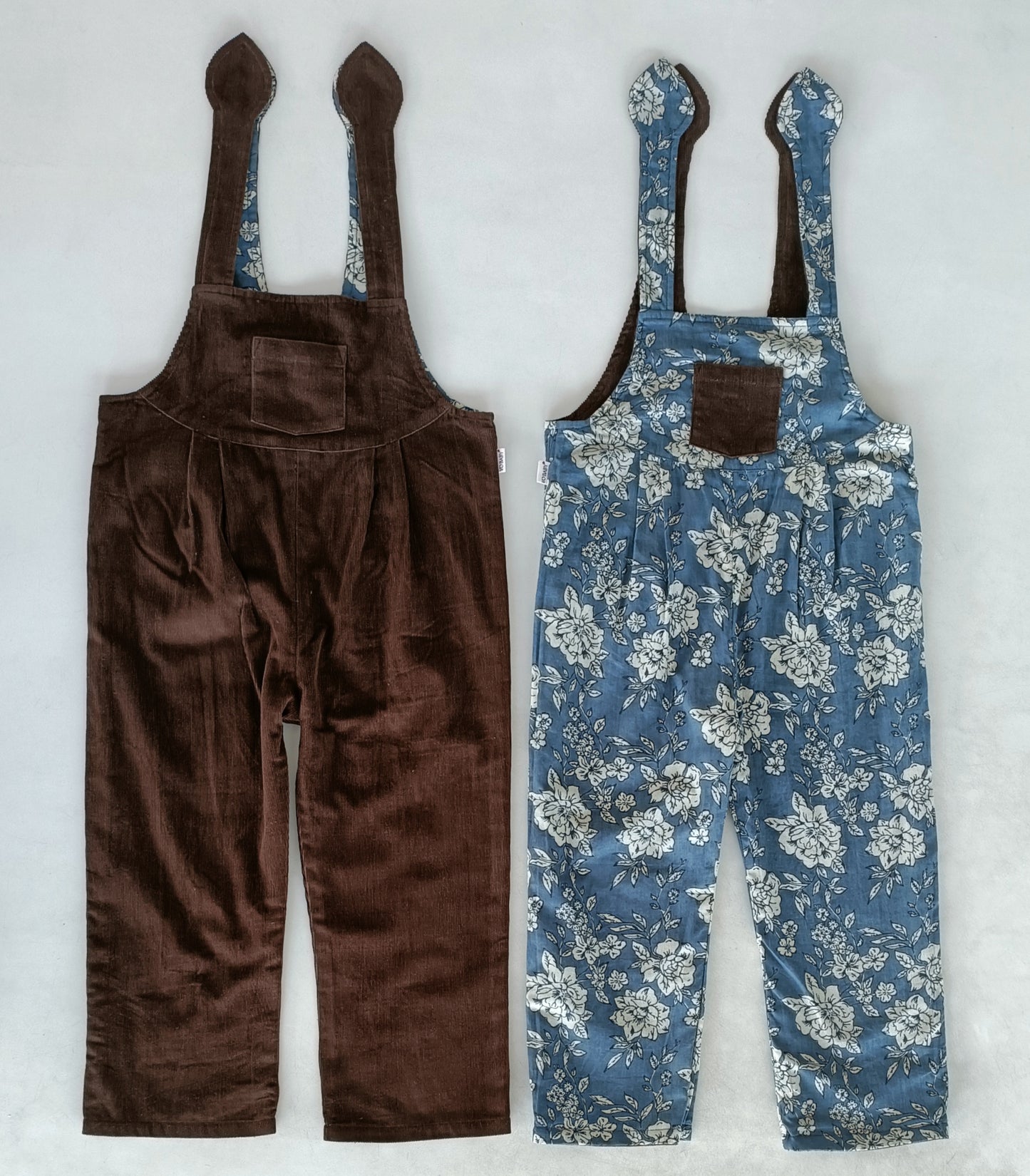 Reversible Brown Corduroy & Grey Floral Printed Jumpsuit
