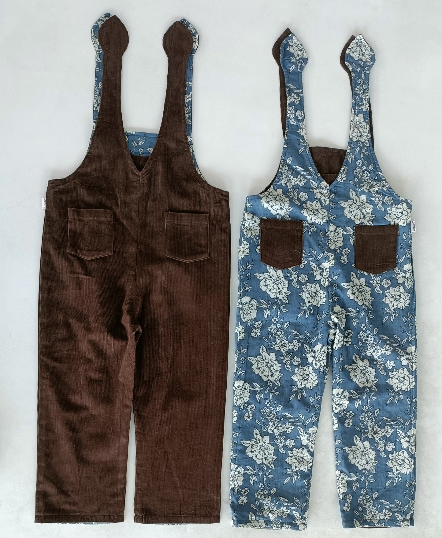 Reversible Brown Corduroy & Grey Floral Printed Jumpsuit