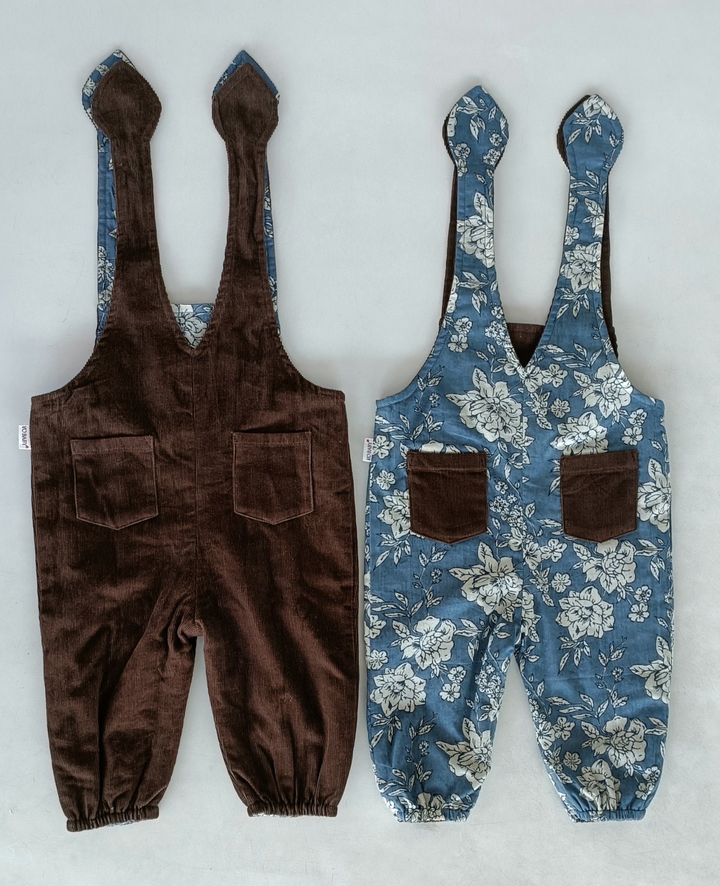 Reversible Brown Corduroy & Grey Floral Printed Jumpsuit