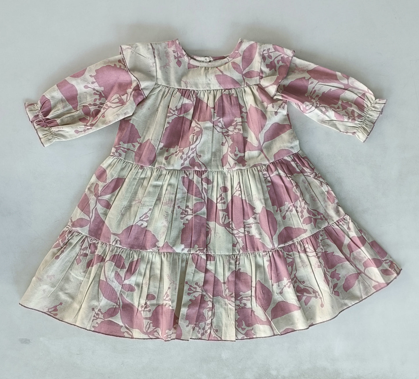 Dark Pink Leaf Printed Tiered Long Sleeve Dress