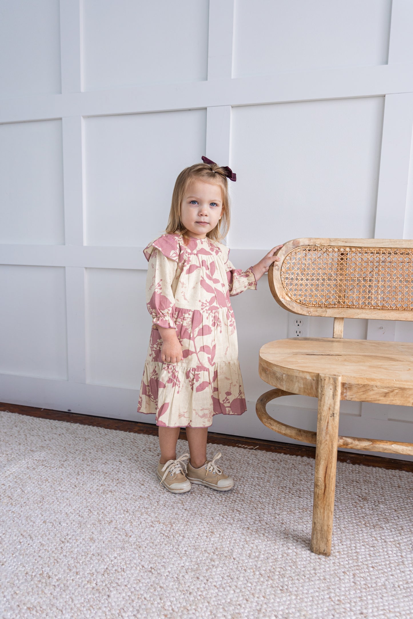 Dark Pink Leaf Printed Tiered Long Sleeve Dress