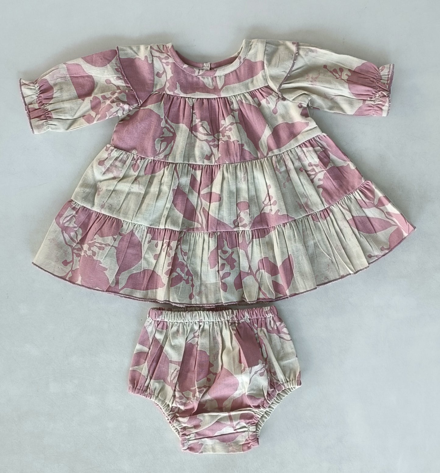 Dark Pink Leaf Printed Tiered Long Sleeve Dress