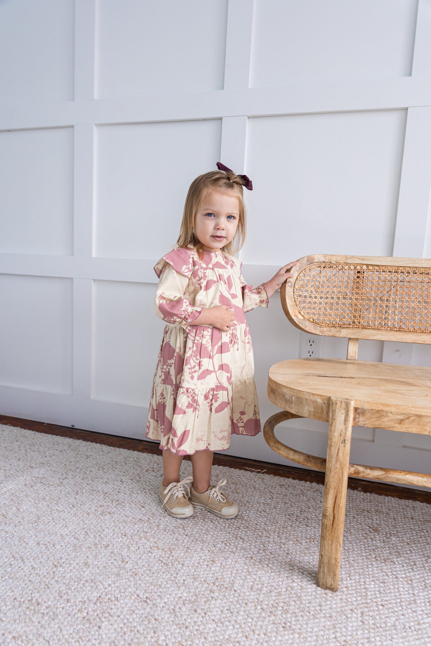 Dark Pink Leaf Printed Tiered Long Sleeve Dress