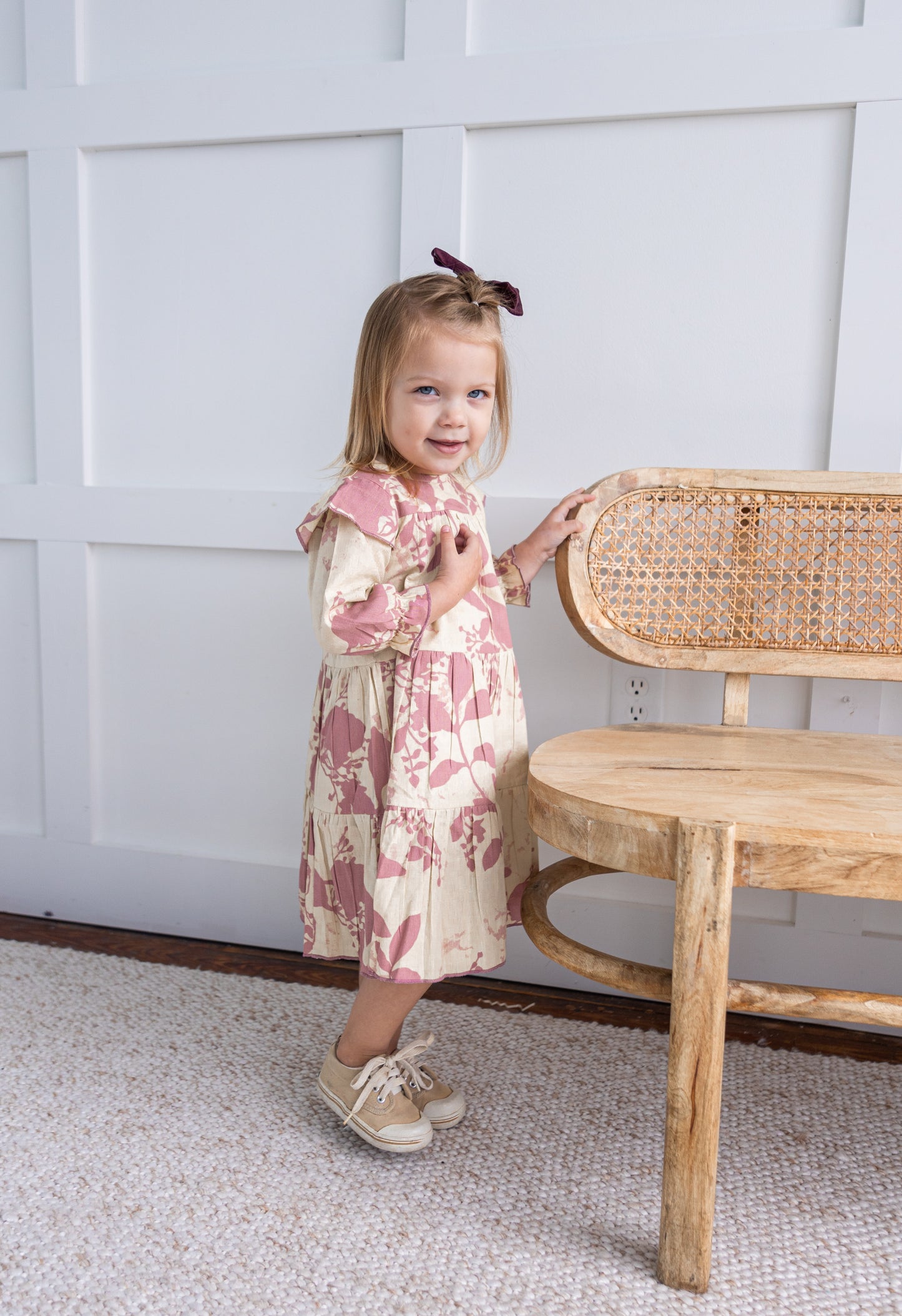 Dark Pink Leaf Printed Tiered Long Sleeve Dress