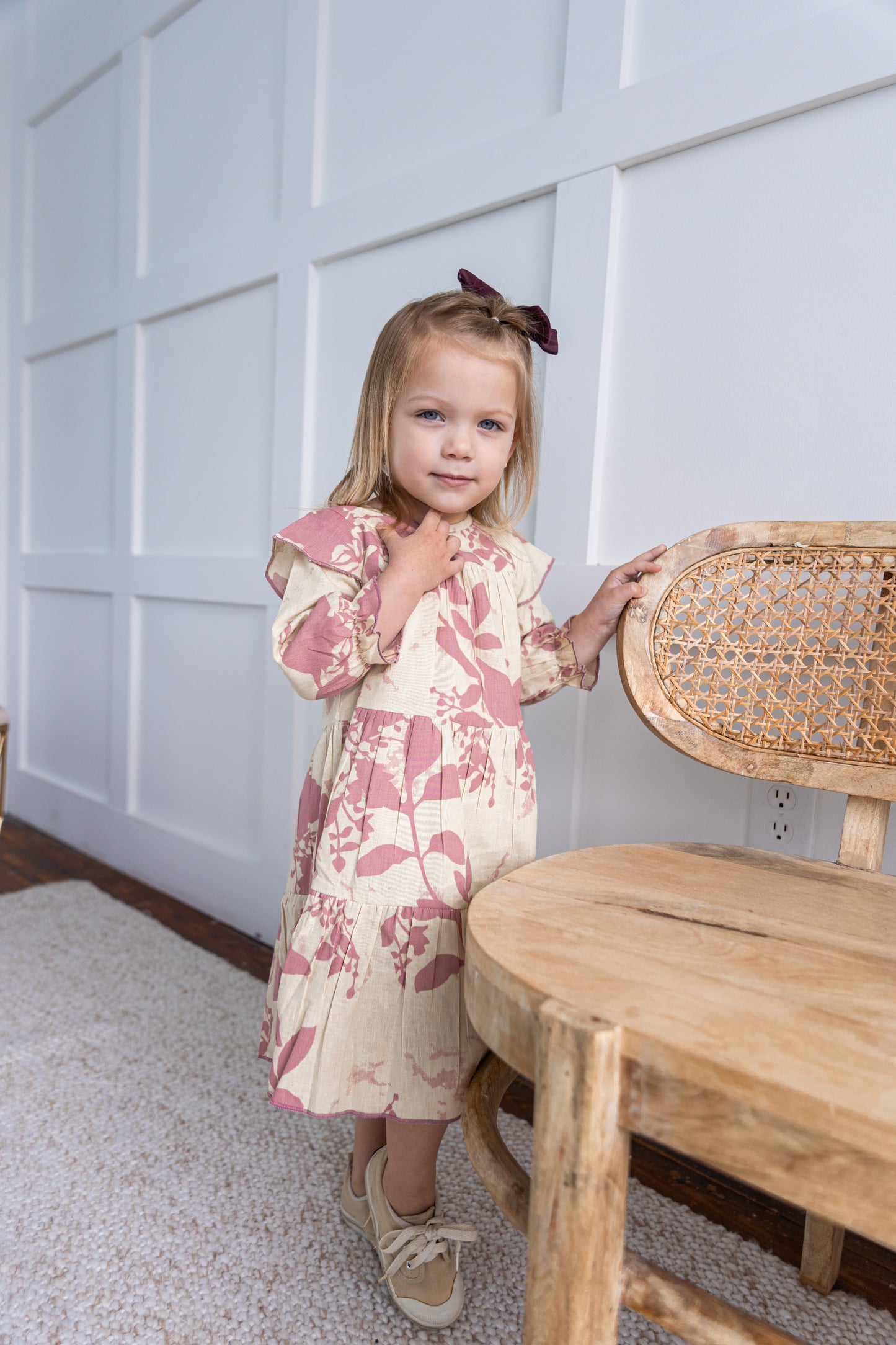Dark Pink Leaf Printed Tiered Long Sleeve Dress