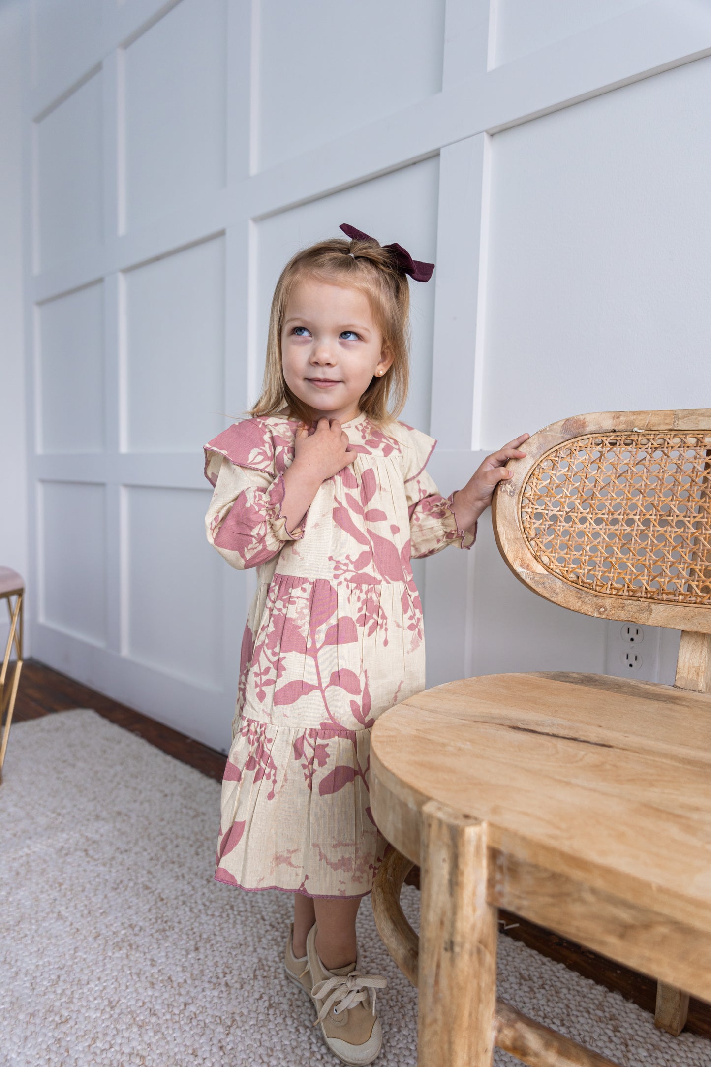 Dark Pink Leaf Printed Tiered Long Sleeve Dress
