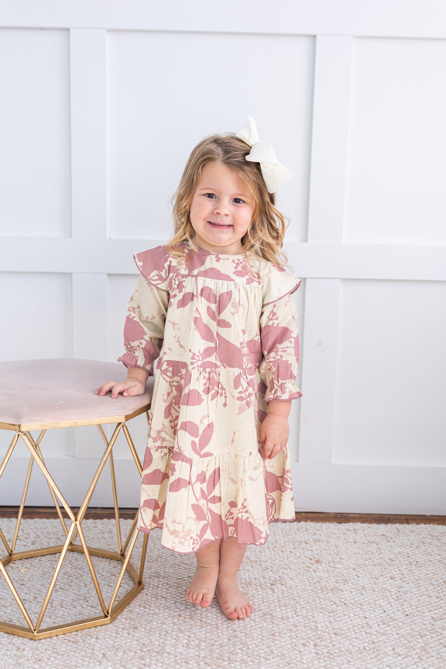 Dark Pink Leaf Printed Tiered Long Sleeve Dress