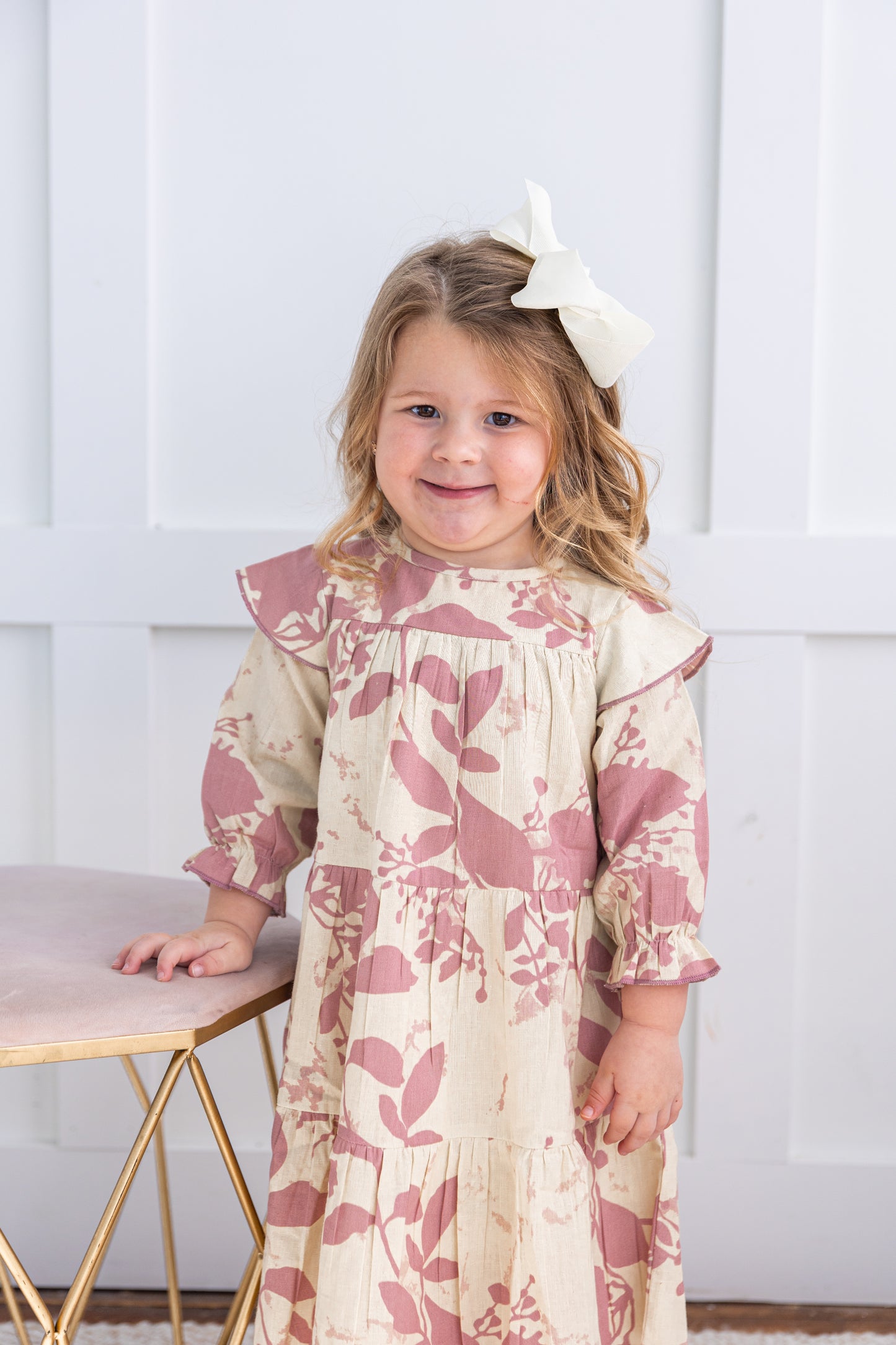 Dark Pink Leaf Printed Tiered Long Sleeve Dress