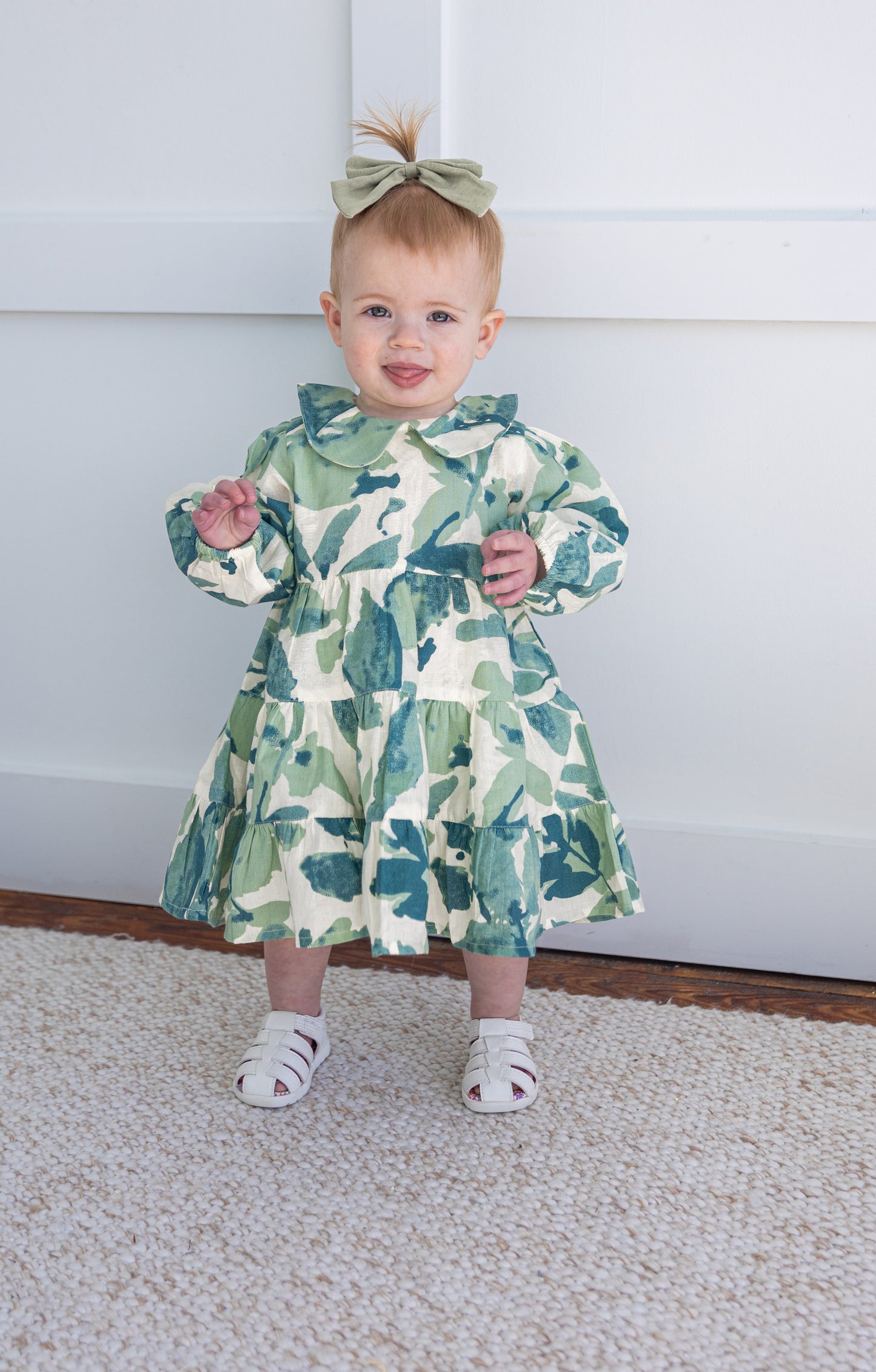 Sage-Green Leaf Printed Peter Pan Collar Tiered Long Sleeve Dress