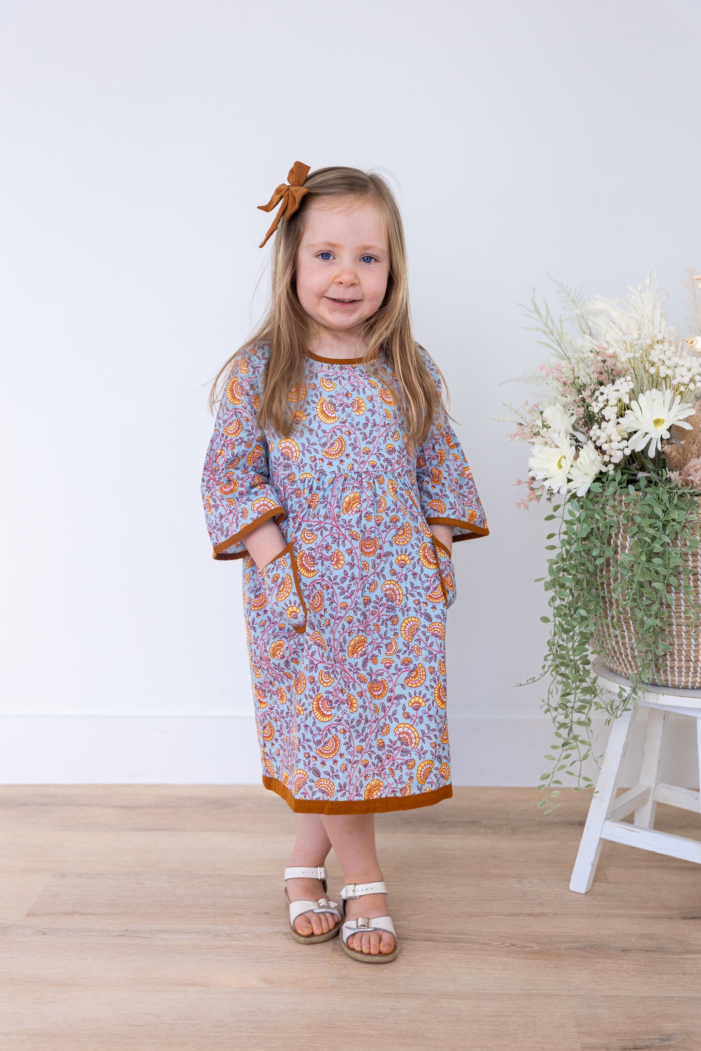 Rust Floral Printed Bell Sleeves Gathered Dress