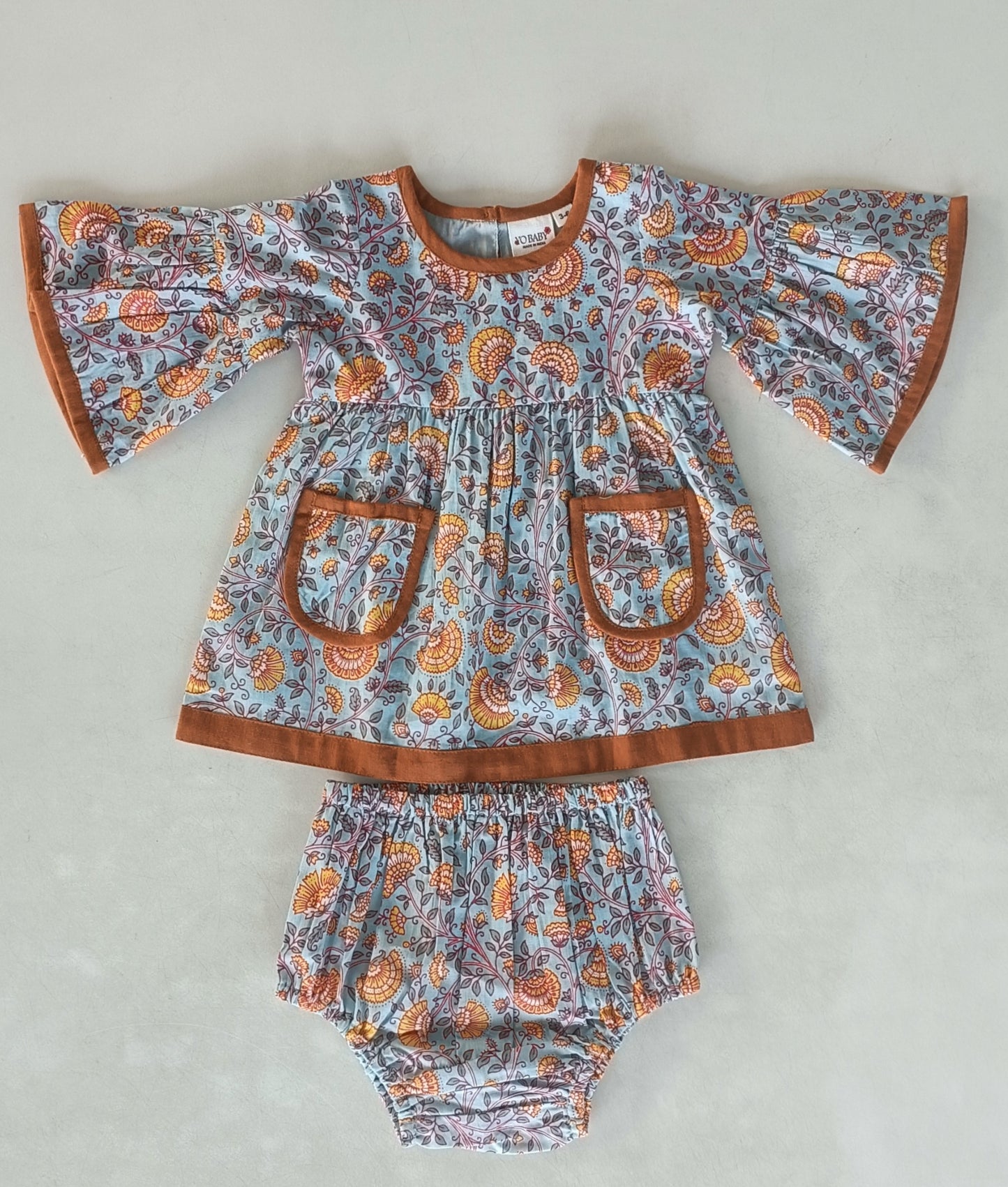 Rust Floral Printed Bell Sleeves Gathered Dress