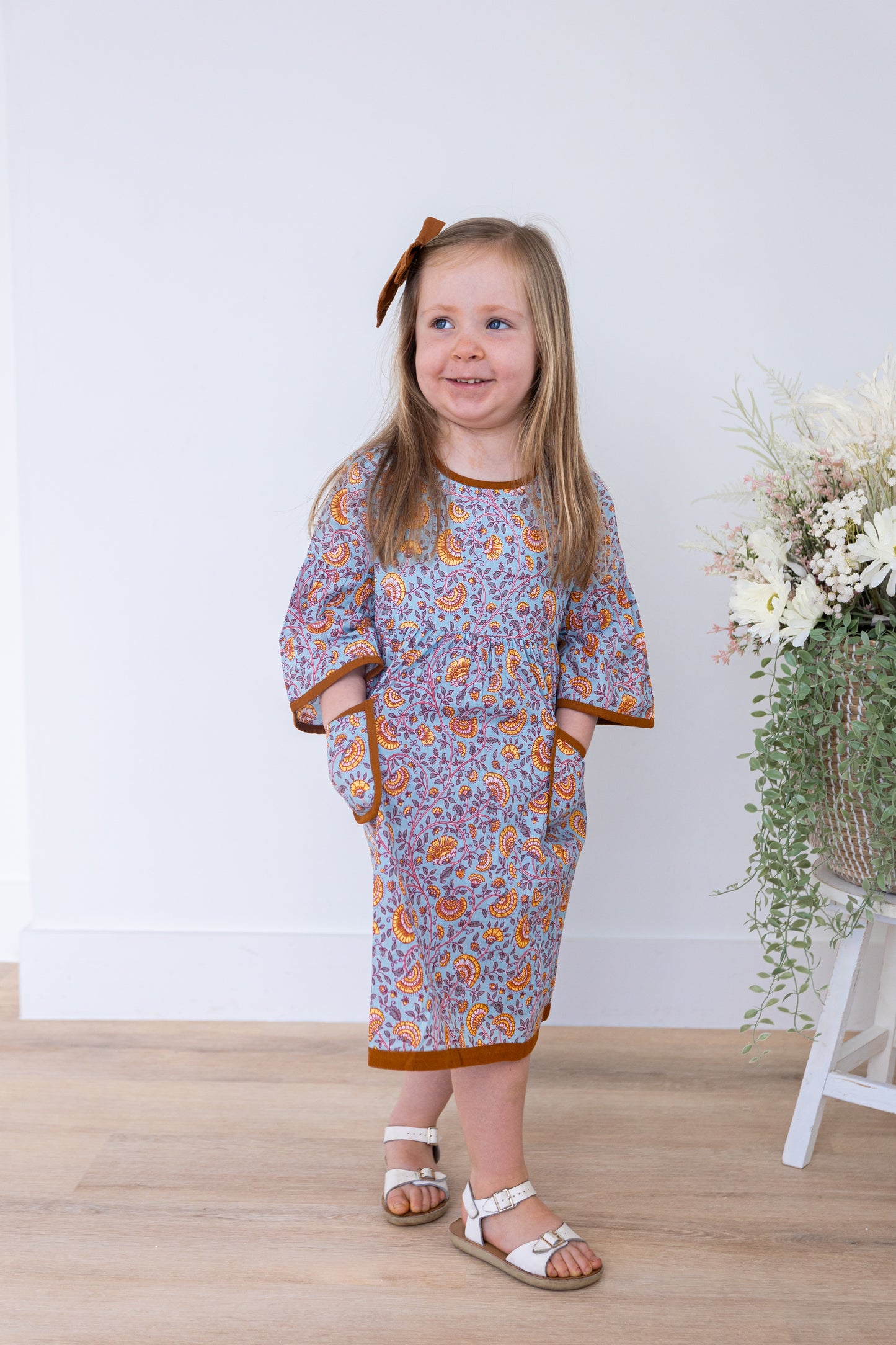 Rust Floral Printed Bell Sleeves Gathered Dress
