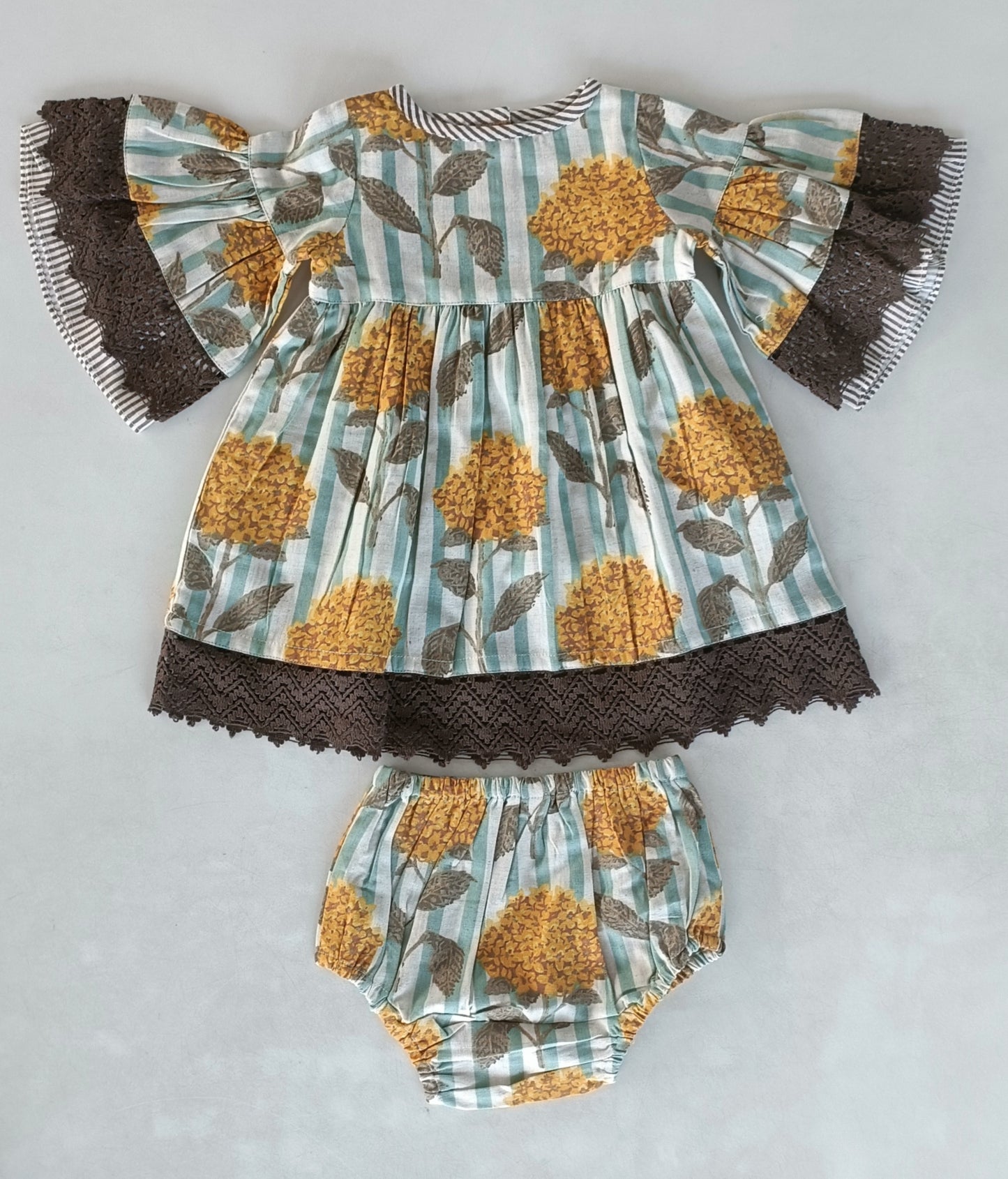 Yellow Floral Printed Bell Sleeves Gathered Dress