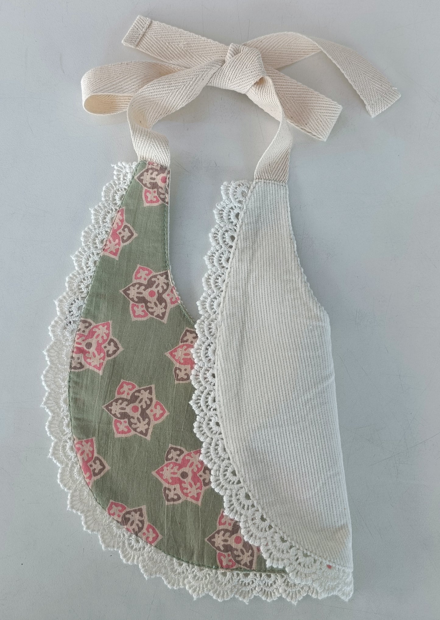 Reversible Off-White Corduroy Solid Color & Sage-Green Floral Printed Baby Bib