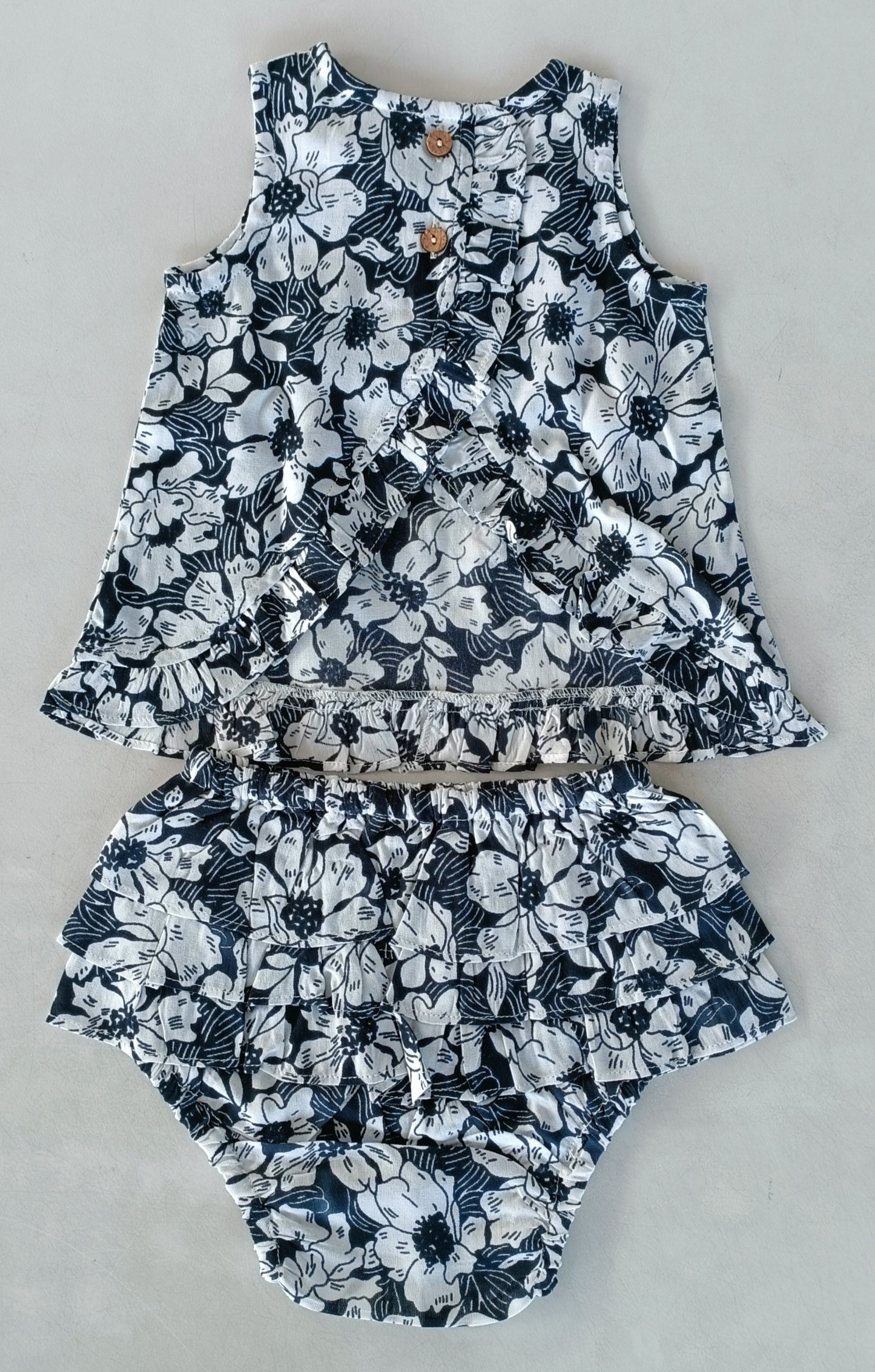 White Floral Printed Ruffled Top & Ruffled Diaper Cover Baby Set