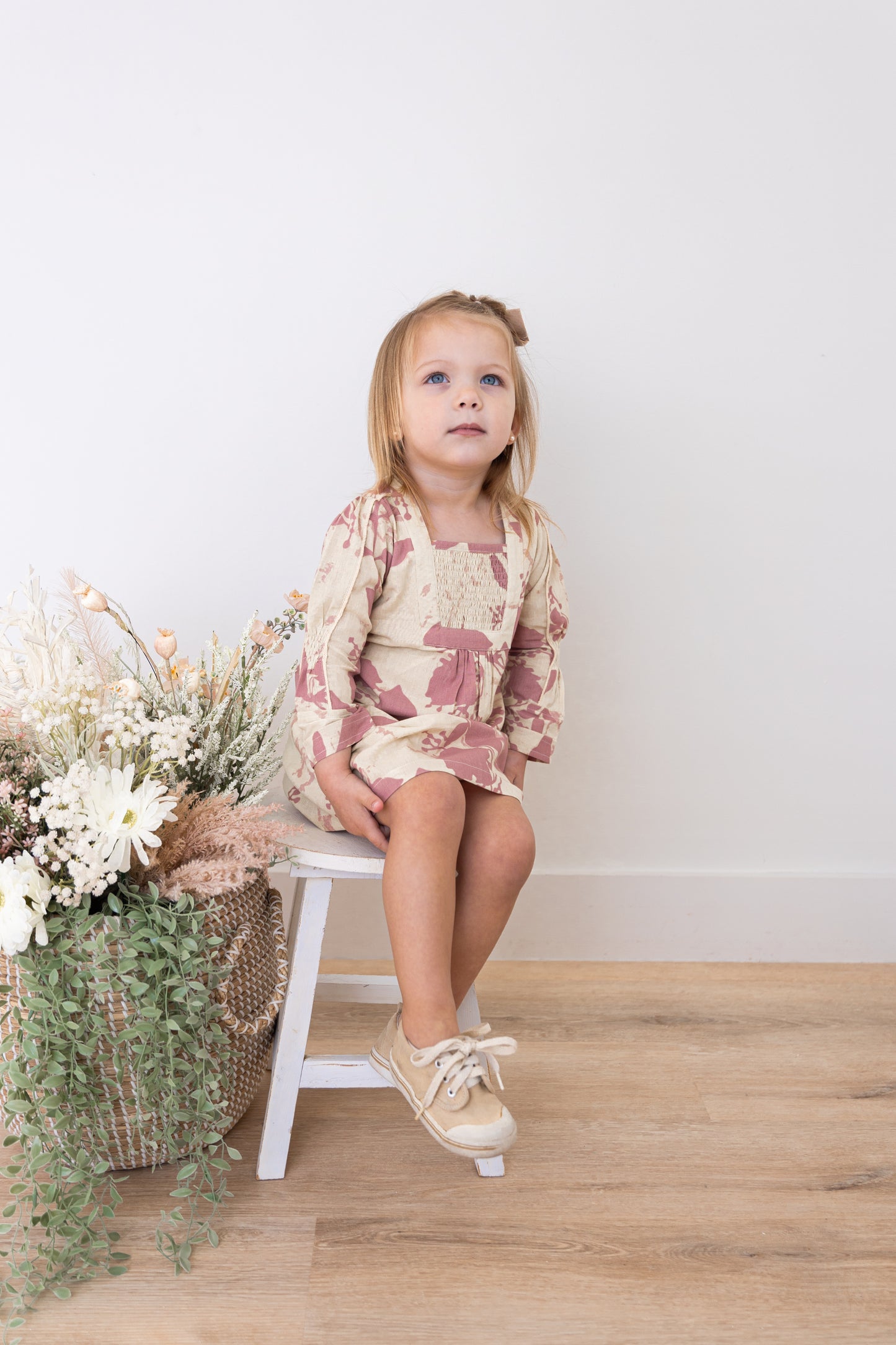 Dark Pink Floral Printed Long Sleeves Gathered Dress