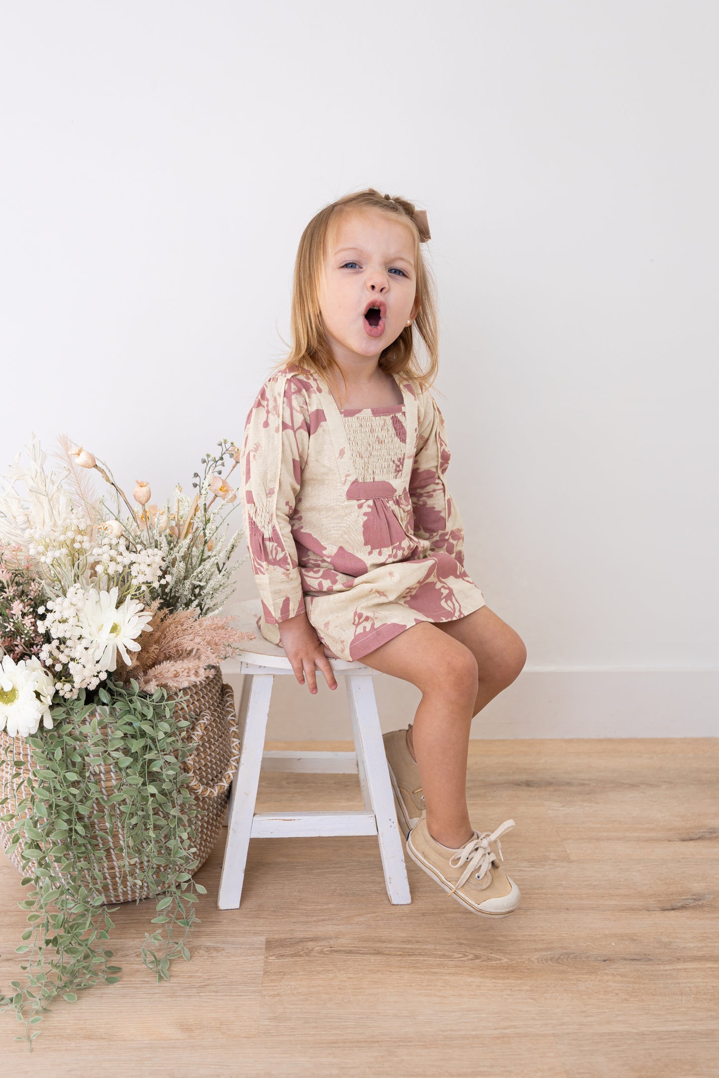 Dark Pink Floral Printed Long Sleeves Gathered Dress