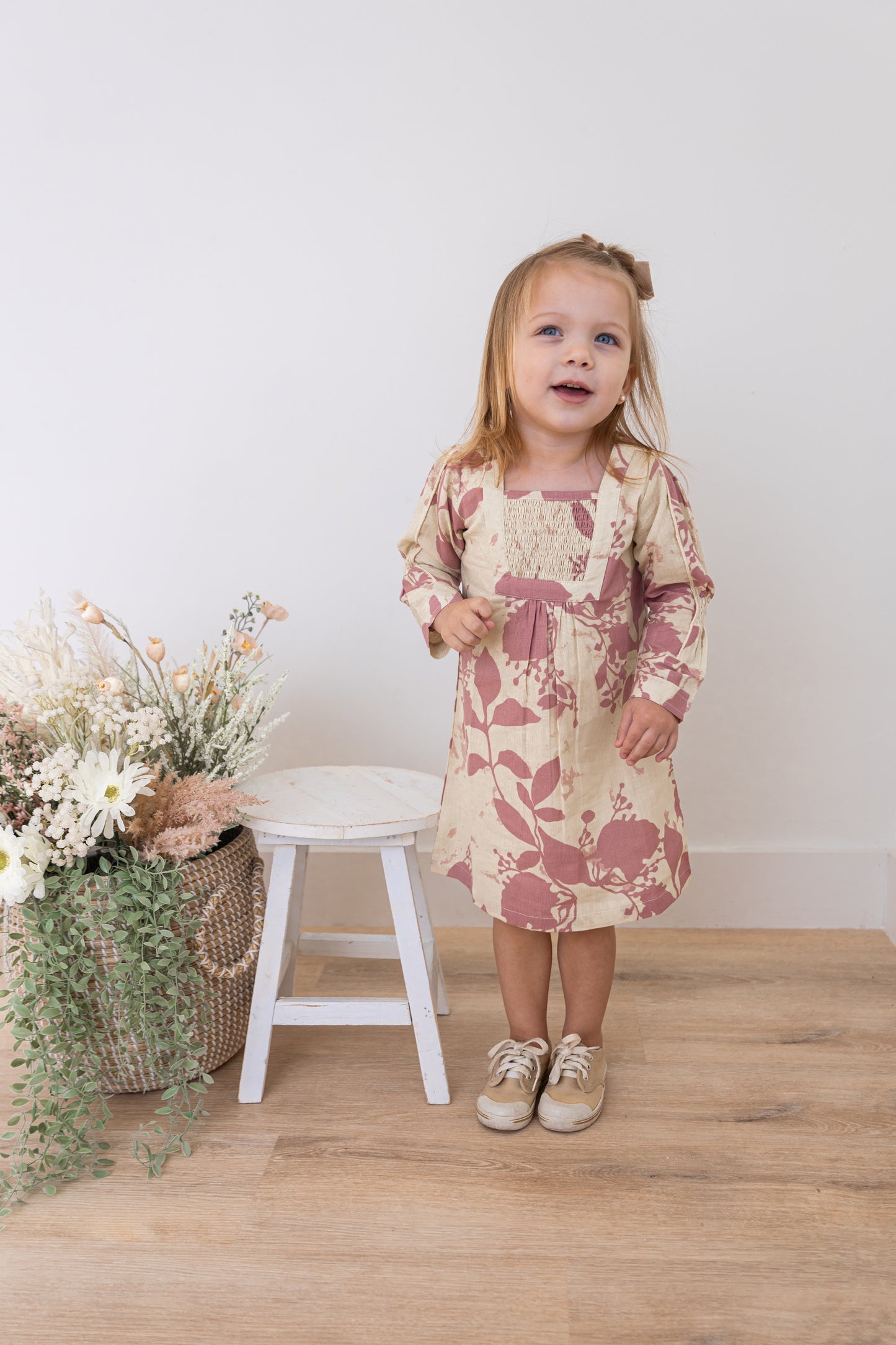Dark Pink Floral Printed Long Sleeves Gathered Dress