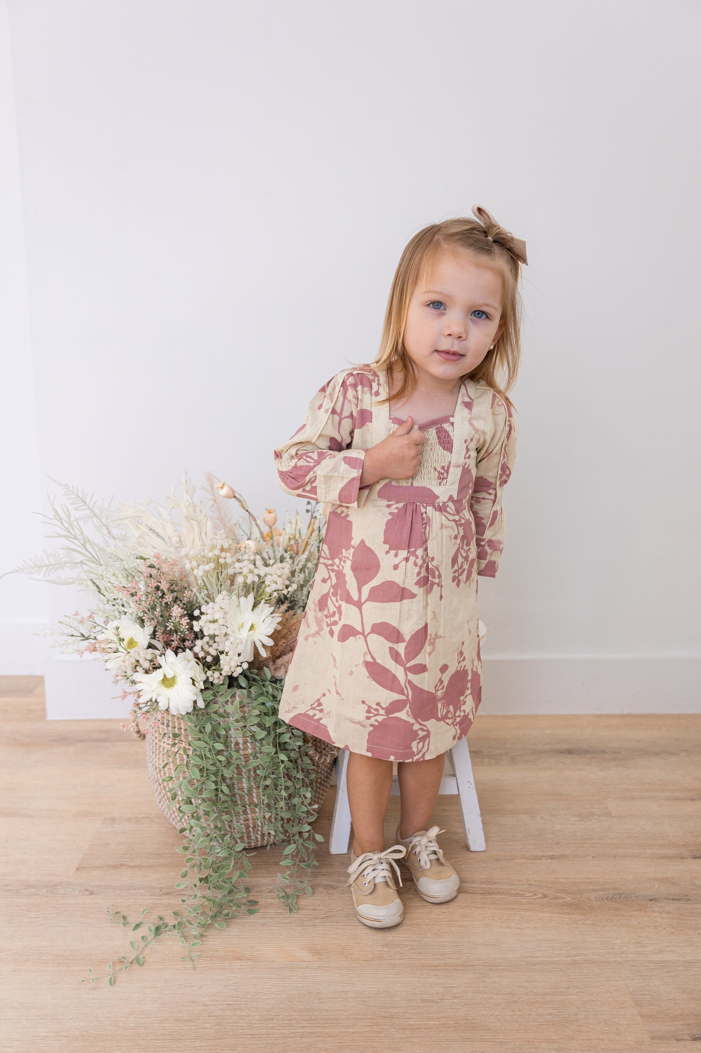 Dark Pink Floral Printed Long Sleeves Gathered Dress