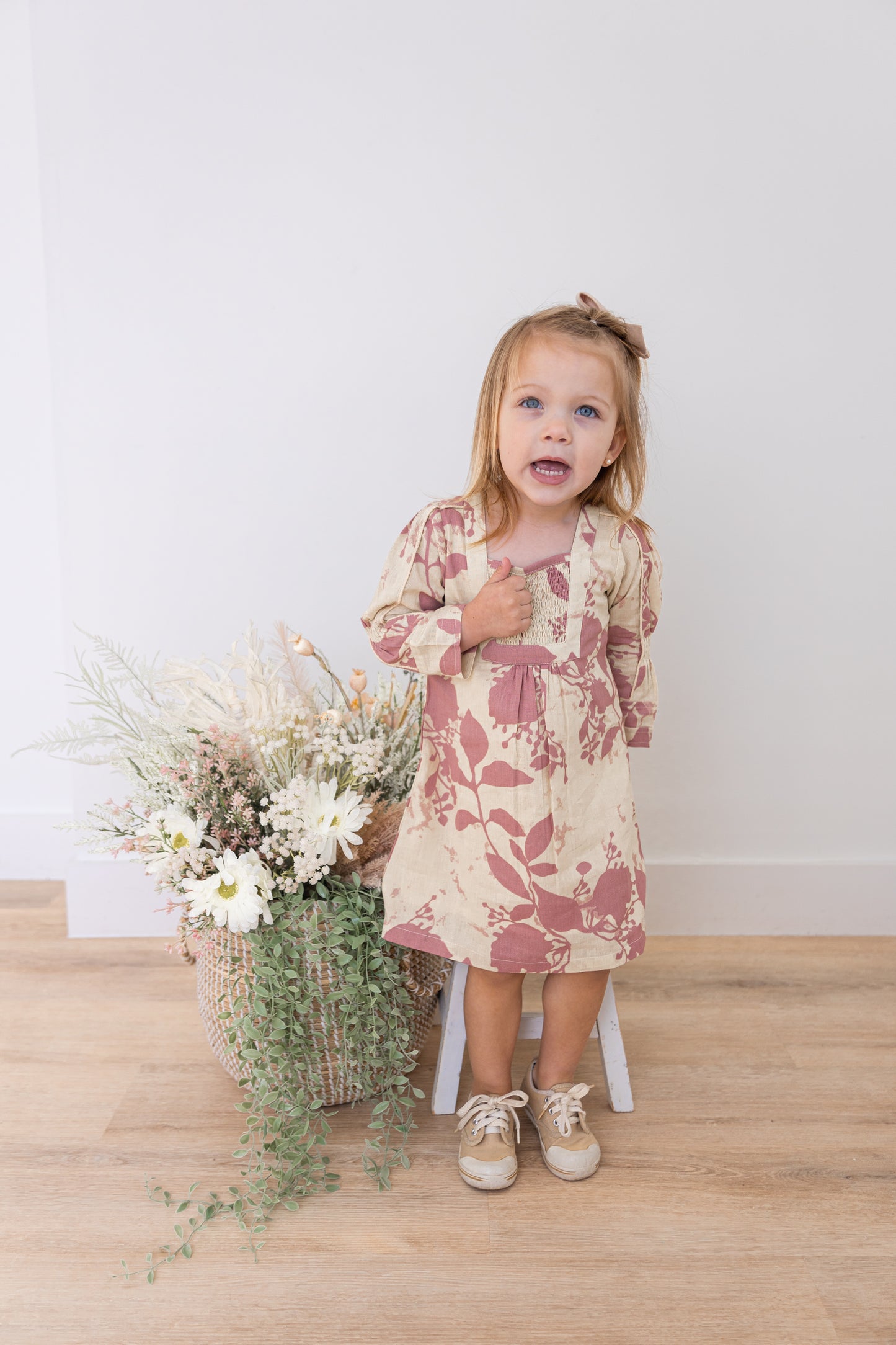 Dark Pink Floral Printed Long Sleeves Gathered Dress
