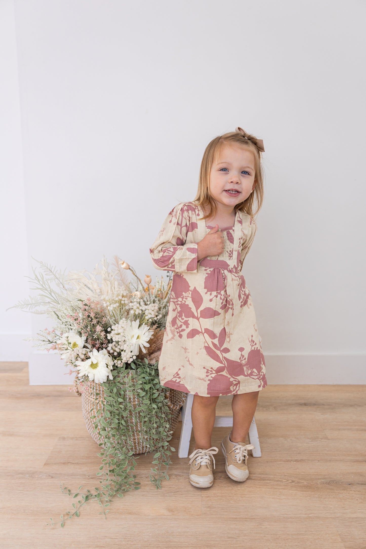 Dark Pink Floral Printed Long Sleeves Gathered Dress