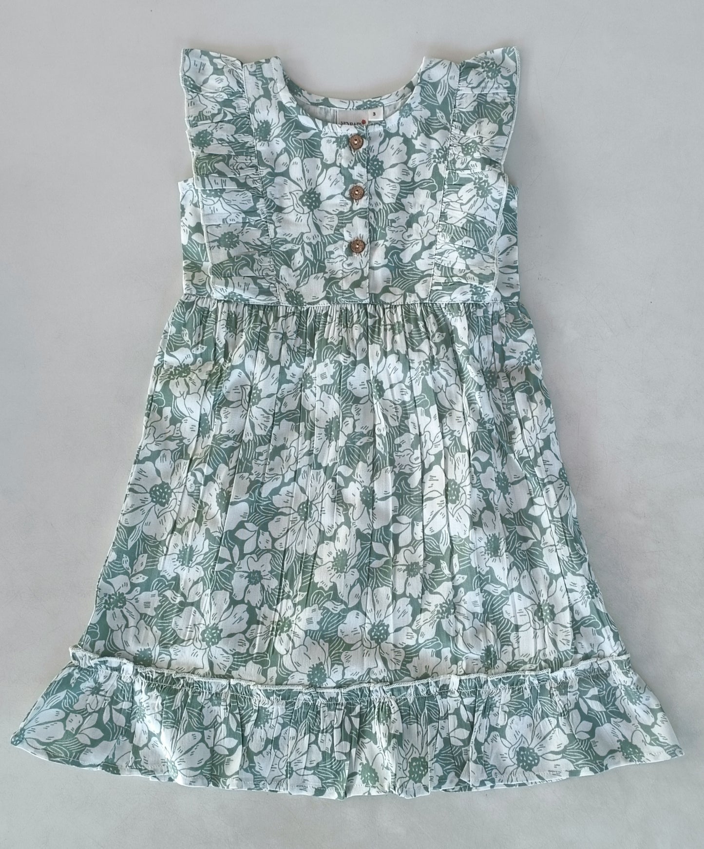 Sage-Green Printed Yoke & Bottom Ruffled Dress