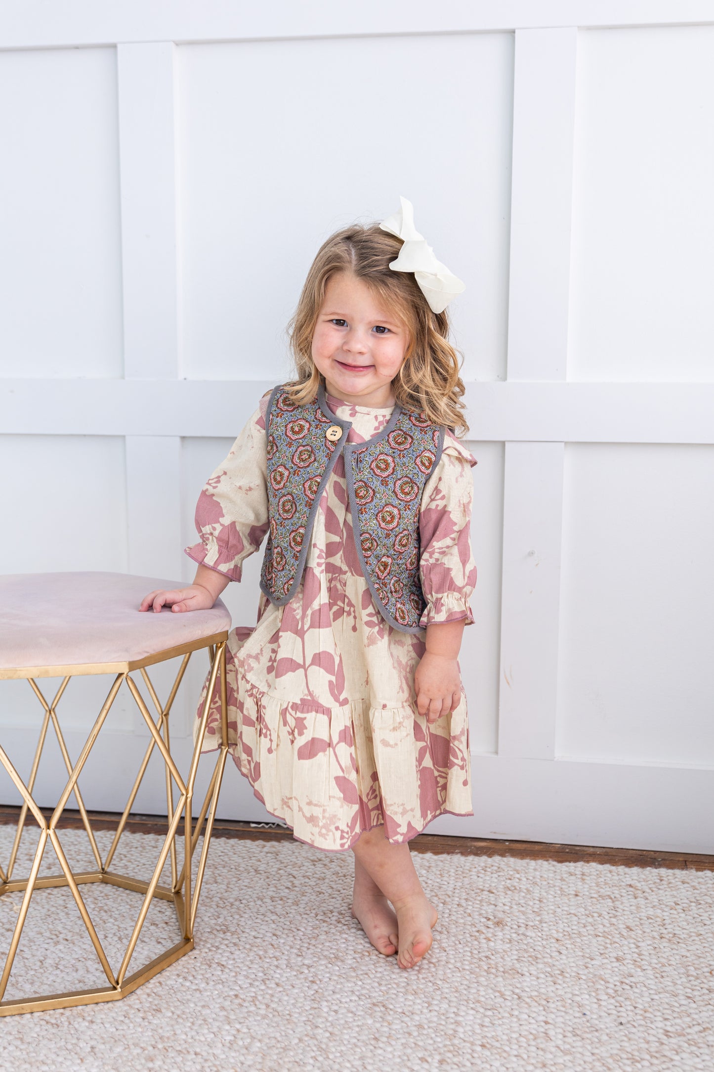 Reversible Grey Corduroy & Grey Floral Print Quilted Sleeveless Jacket