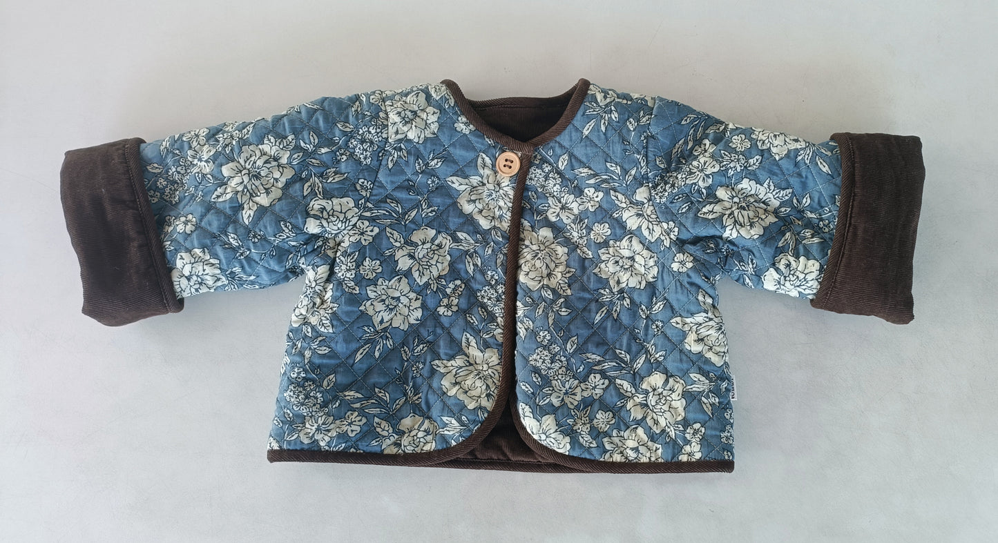 Reversible Brown Corduroy & Grey Floral Print Quilted Long Sleeve Jacket