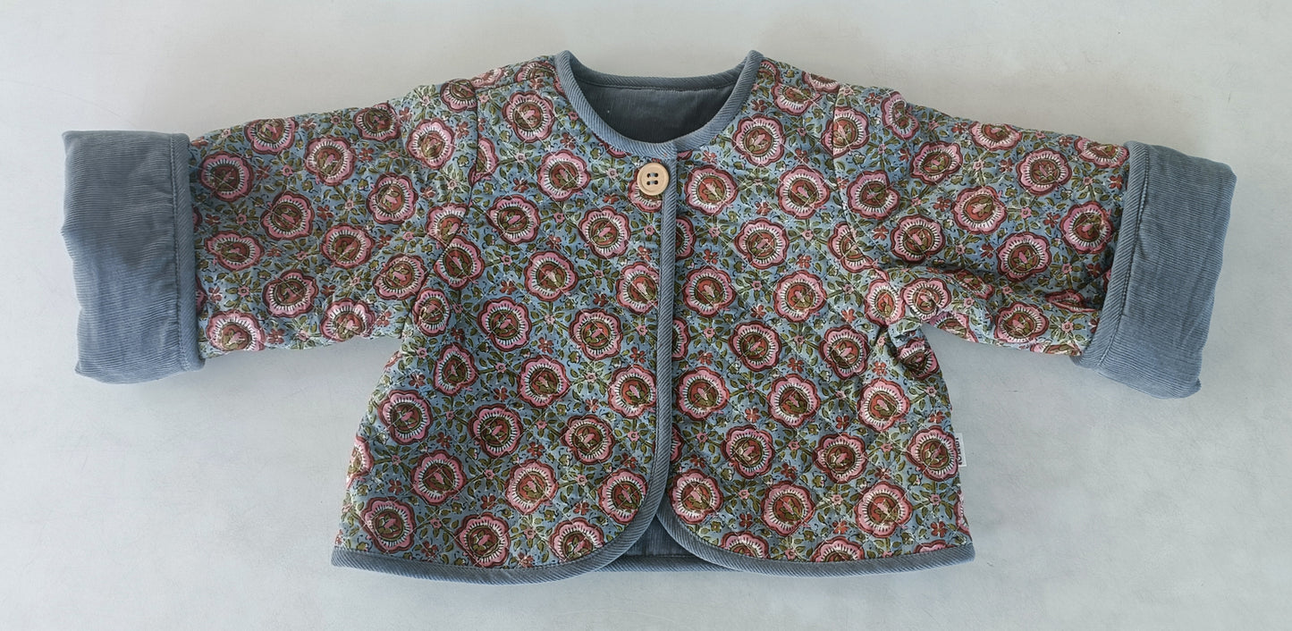Reversible Solid Grey Corduroy & Grey Floral Print Quilted Long Sleeve Jacket