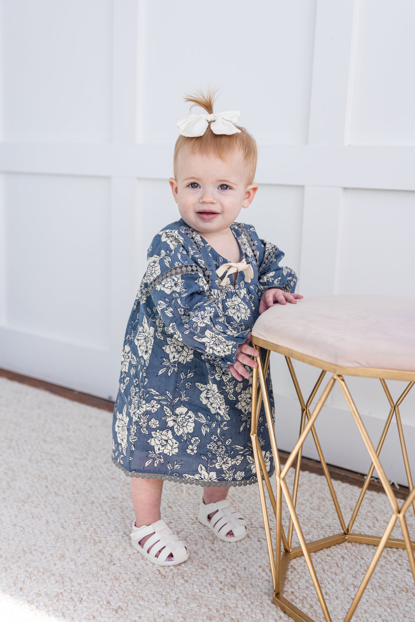 Grey Floral Printed Front & Bottom Lace Long Sleeves Gathered Dress