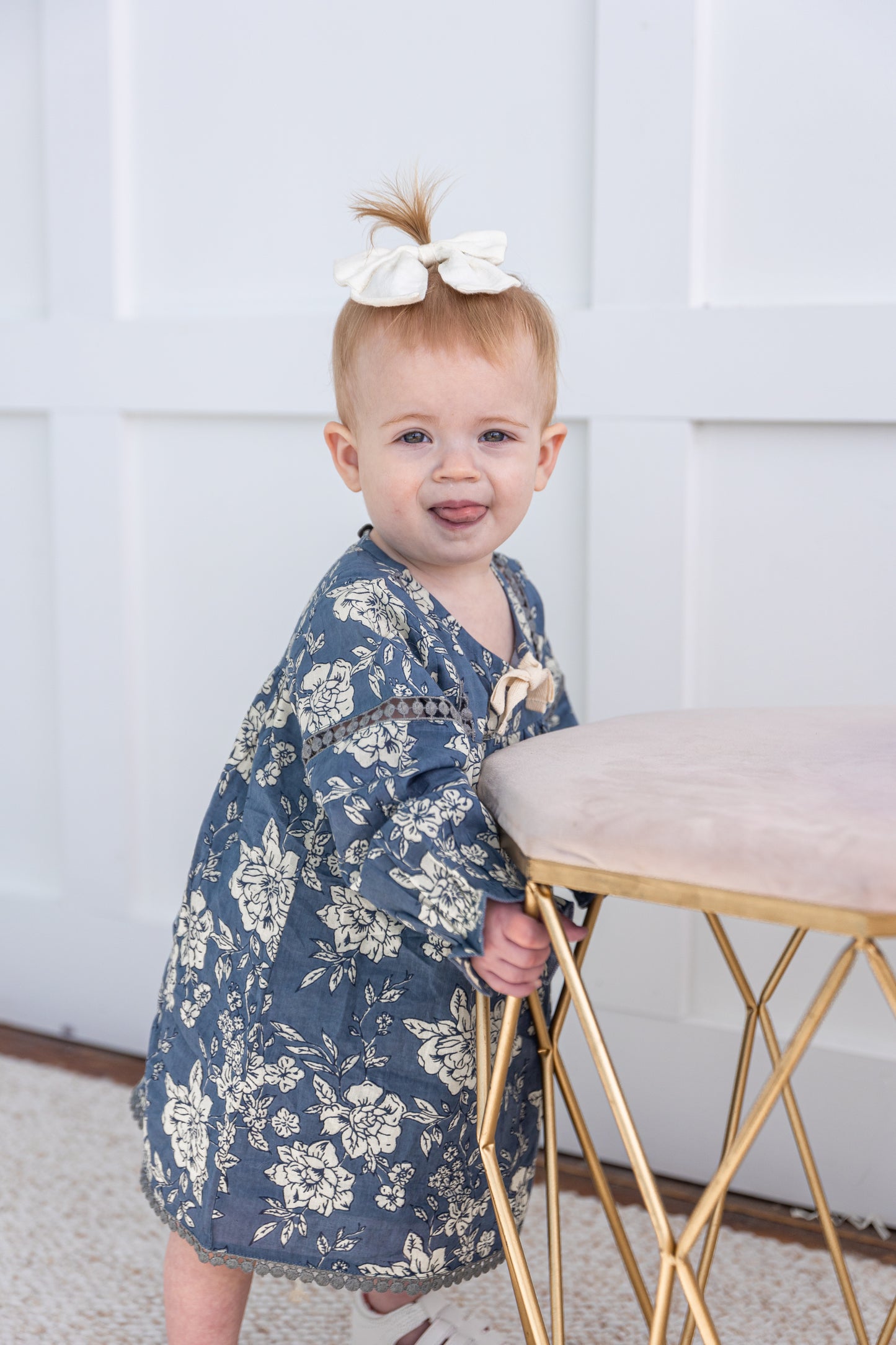 Grey Floral Printed Front & Bottom Lace Long Sleeves Gathered Dress