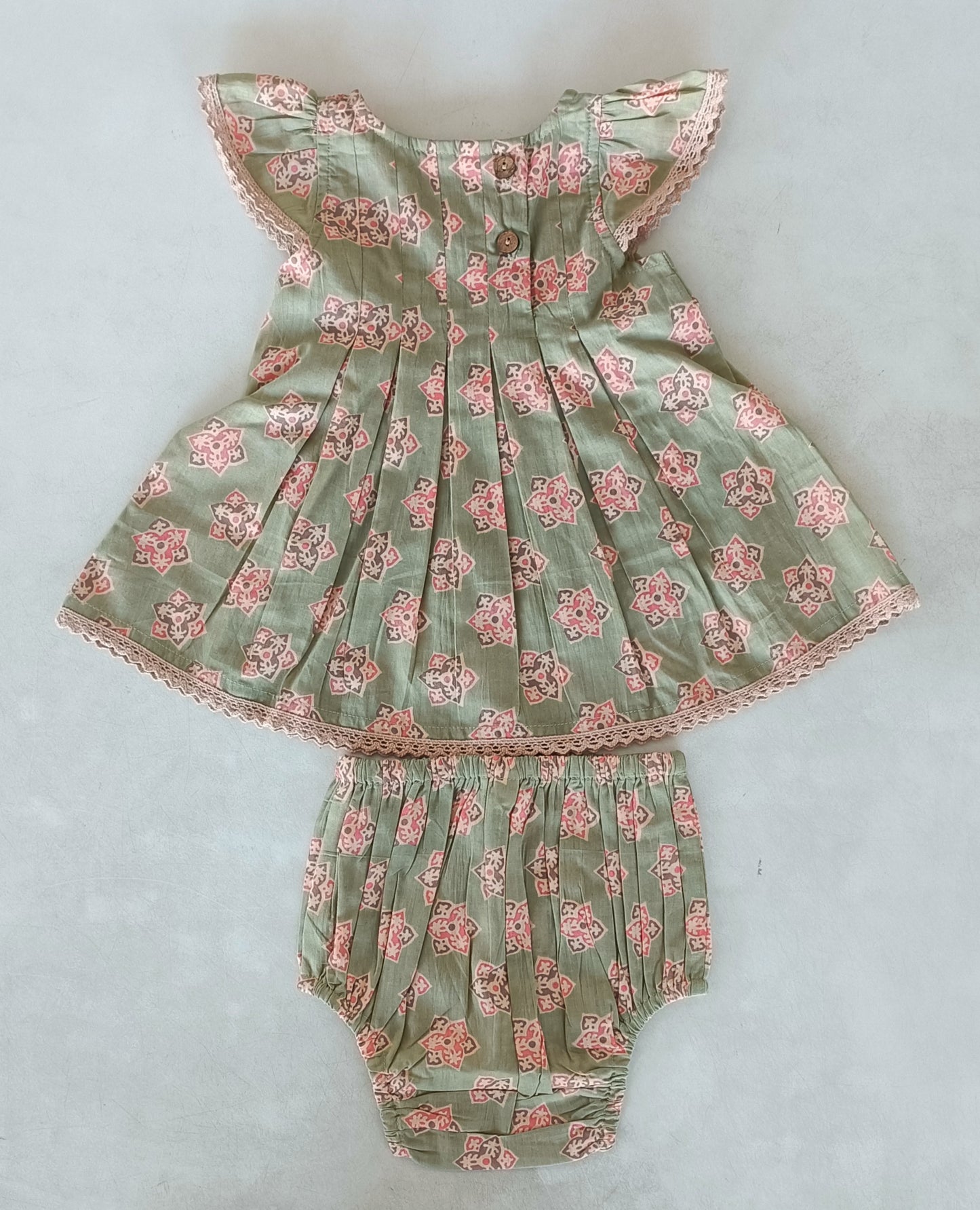 Sage-Green Floral Printed Box Pleat Dress