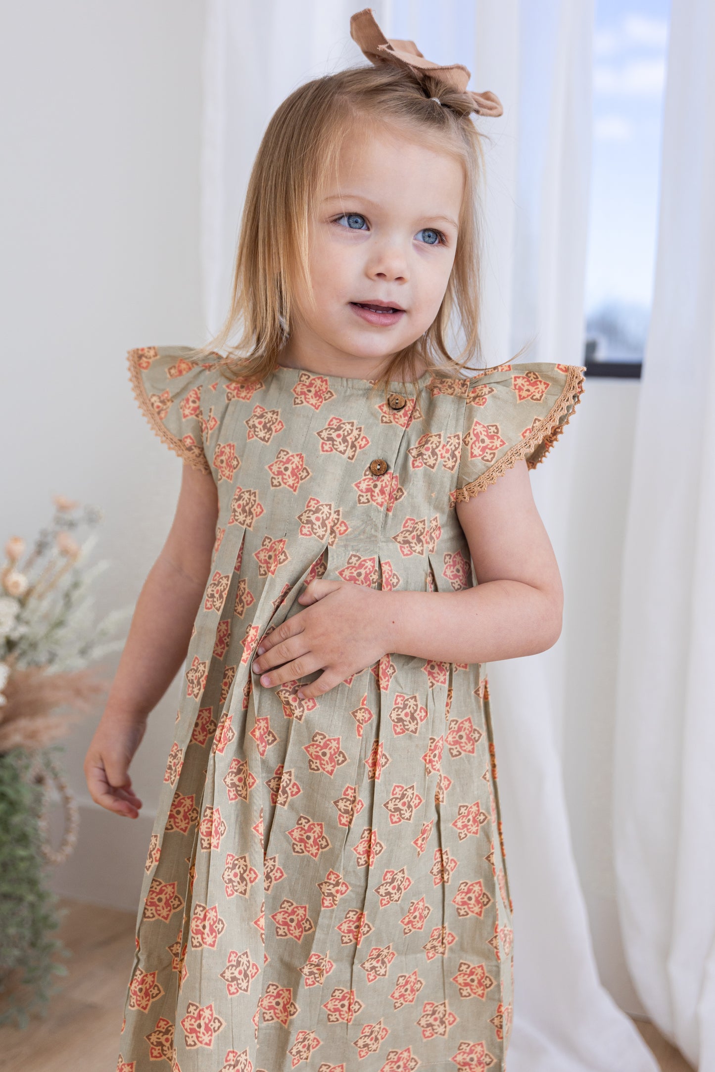 Sage-Green Floral Printed Box Pleat Dress