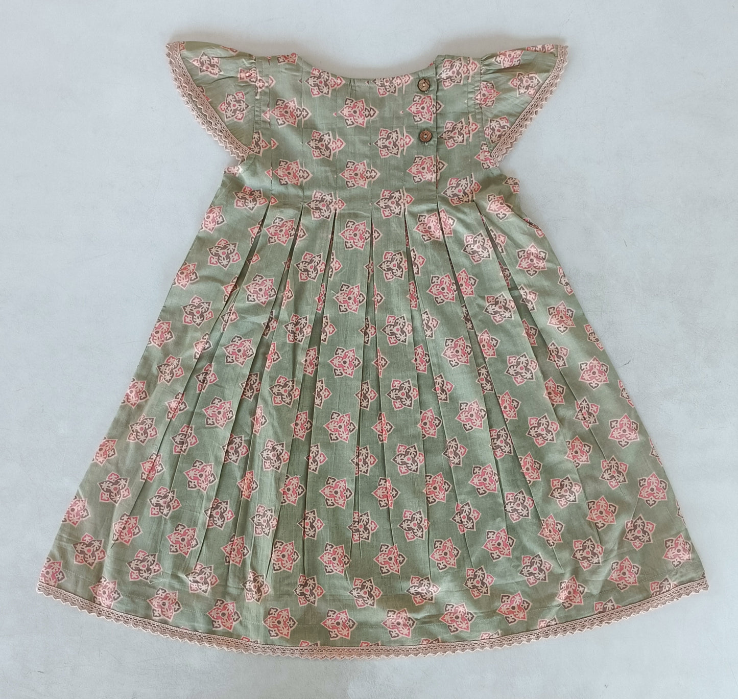 Sage-Green Floral Printed Box Pleat Dress