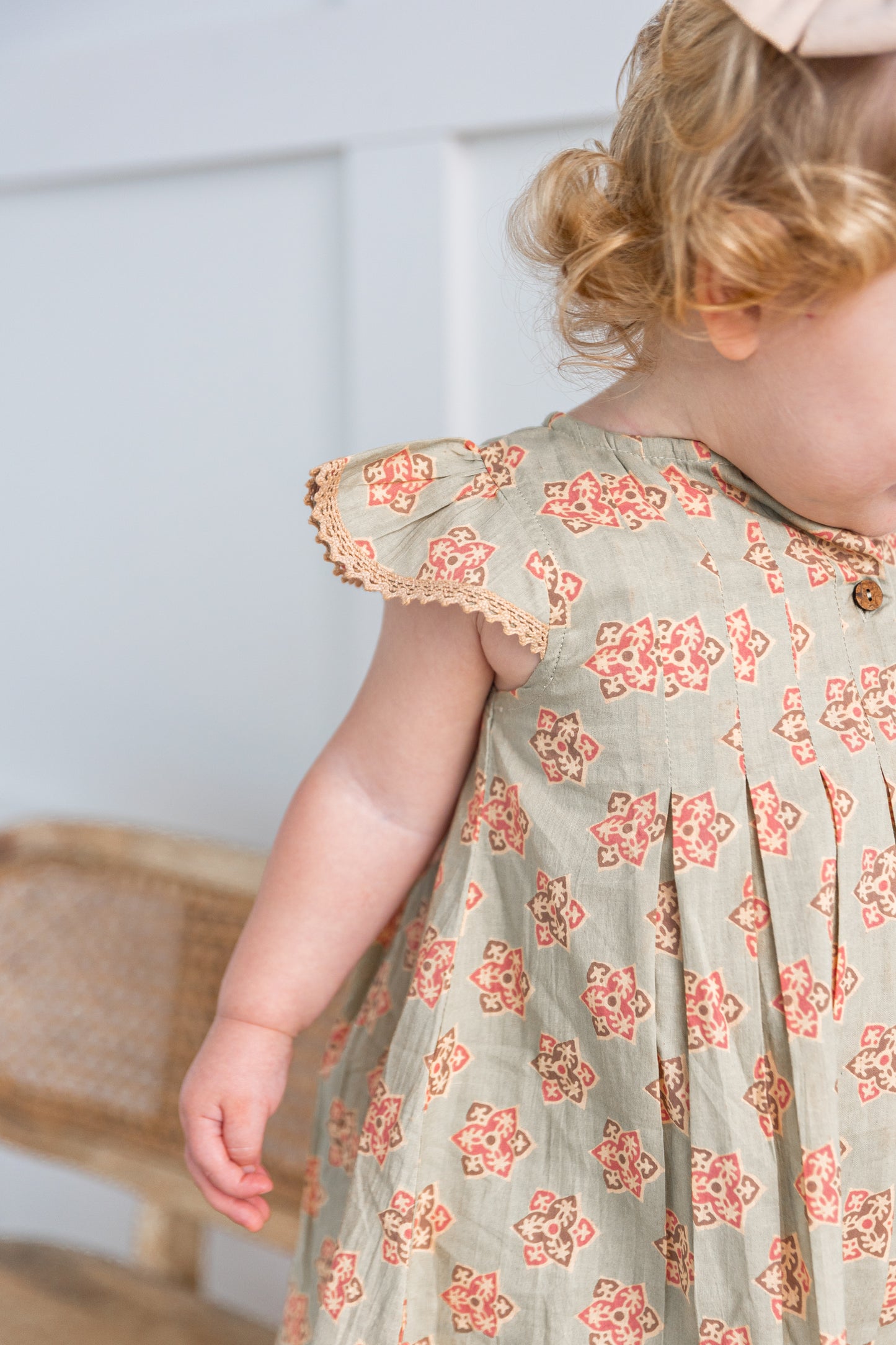 Sage-Green Floral Printed Box Pleat Dress